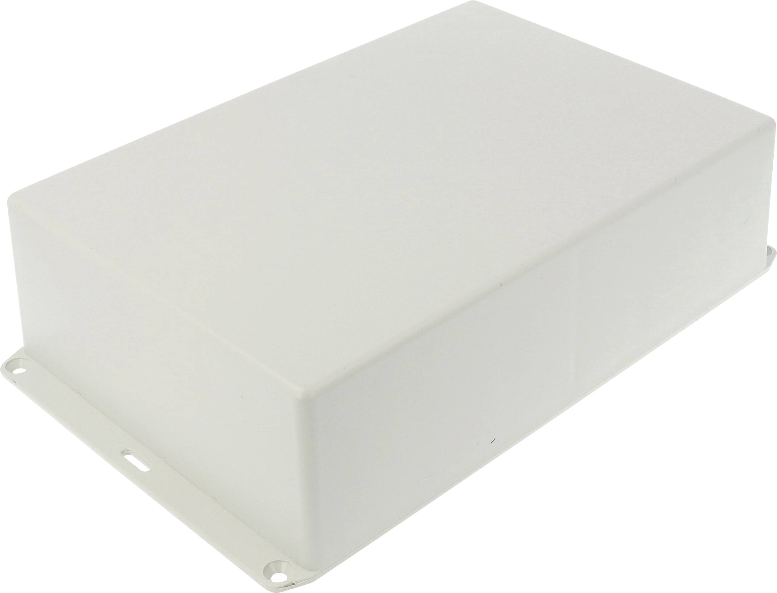 Boîtier rectangulaire blanc en plastique avec brides de montage, utilisé pour loger des composants électroniques, représenté depuis une vue en angle supérieur gauche.