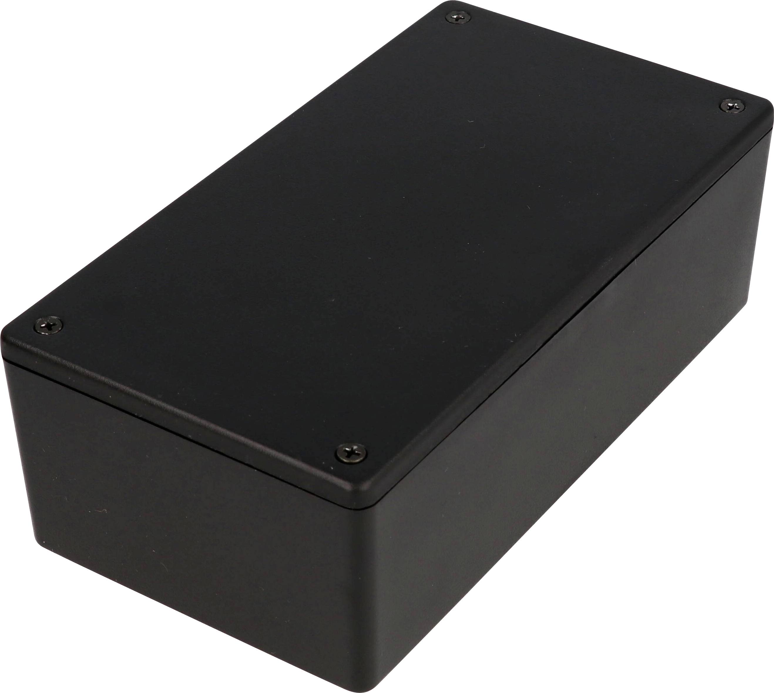 Un boîtier rectangulaire noir en plastique avec des vis à chaque coin, généralement utilisé pour le boîtier d'équipements électroniques.
