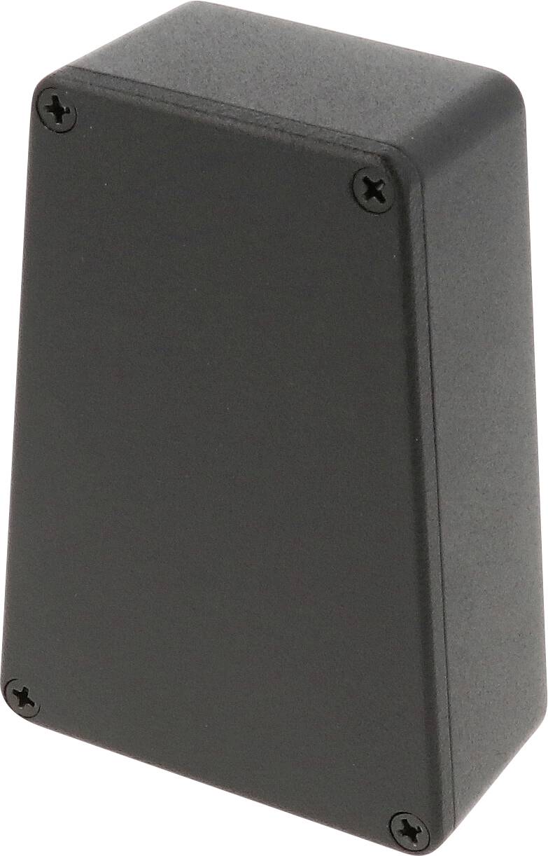 Un boîtier électronique rectangulaire noir, légèrement incliné, avec des vis dans chaque angle, généralement utilisé pour loger des circuits électroniques.