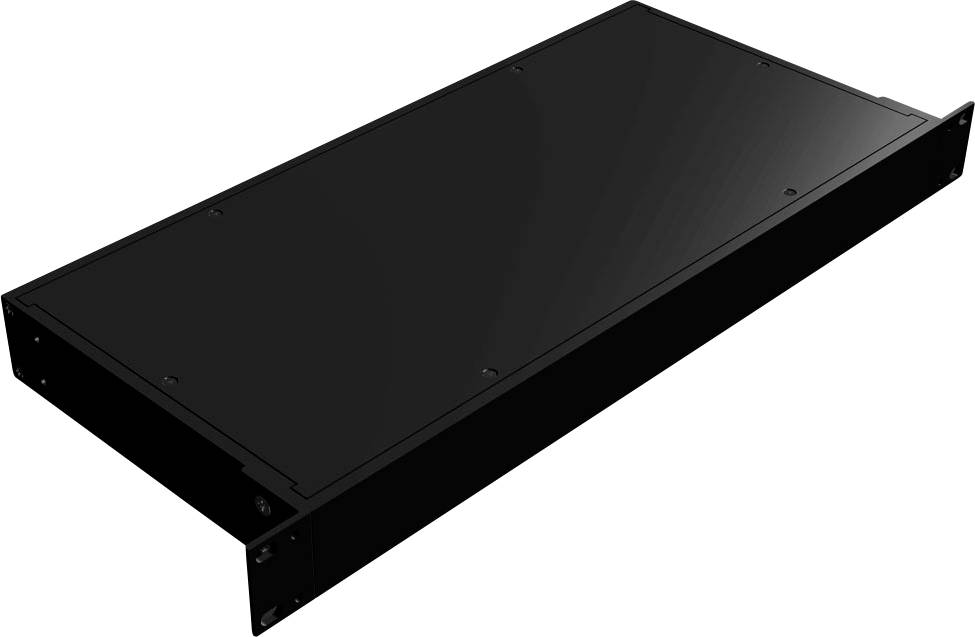 Une étagère métallique noire et rectangulaire conçue pour s'adapter à un rack serveur ou une armoire informatique, présentée sous un léger angle sur un fond uni.