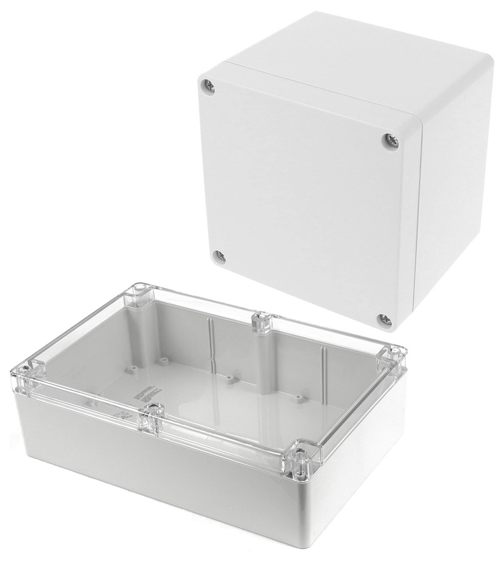 Deux boîtiers en plastique blanc : l'un cubique avec des fixations à vis, et l'autre rectangulaire avec un couvercle transparent, révélant son espace intérieur.