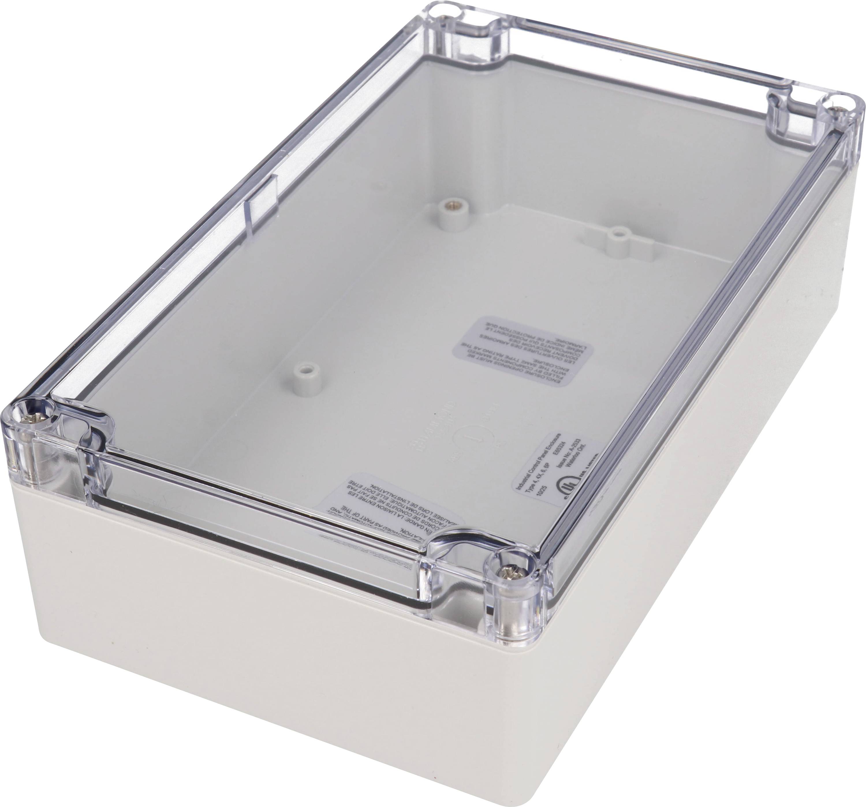 Un boîtier de jonction électrique rectangulaire, blanc, avec un couvercle transparent, utilisé pour loger et protéger les connexions électriques.