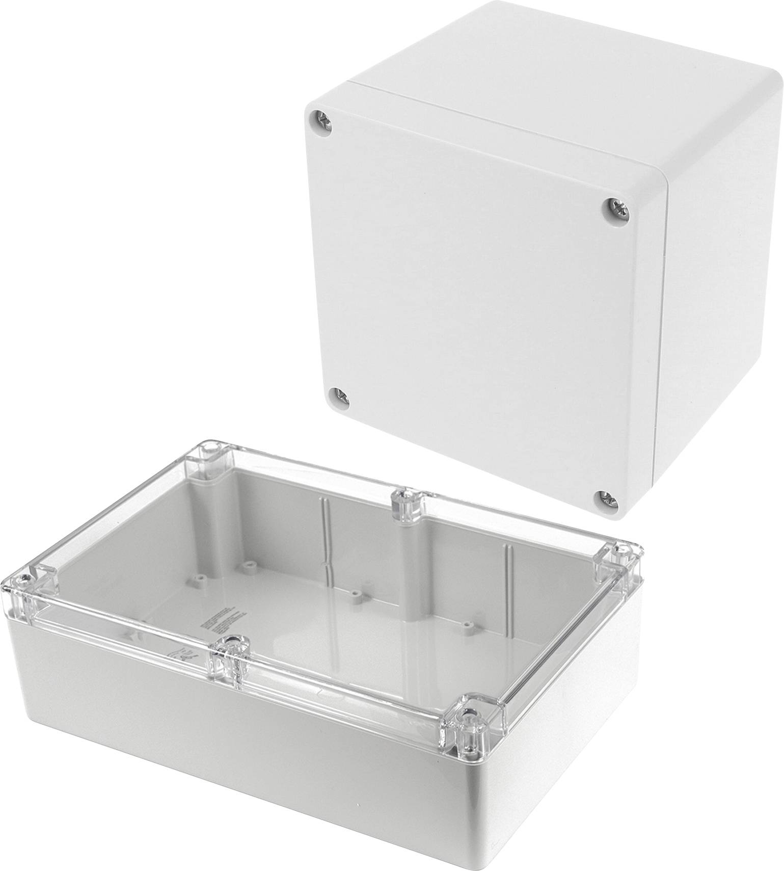 Deux boîtiers électriques : un petit boîtier carré blanc et un boîtier rectangulaire plus grand avec un couvercle transparent, tous deux munis de trous de vis sur les bords.