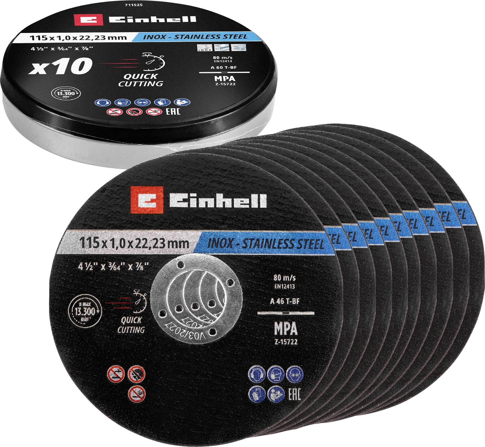 Set of 10 Einhell stainless steel cutting discs, 115x1.0x22.23 mm, designed for quick and efficient cutting of metal materials.