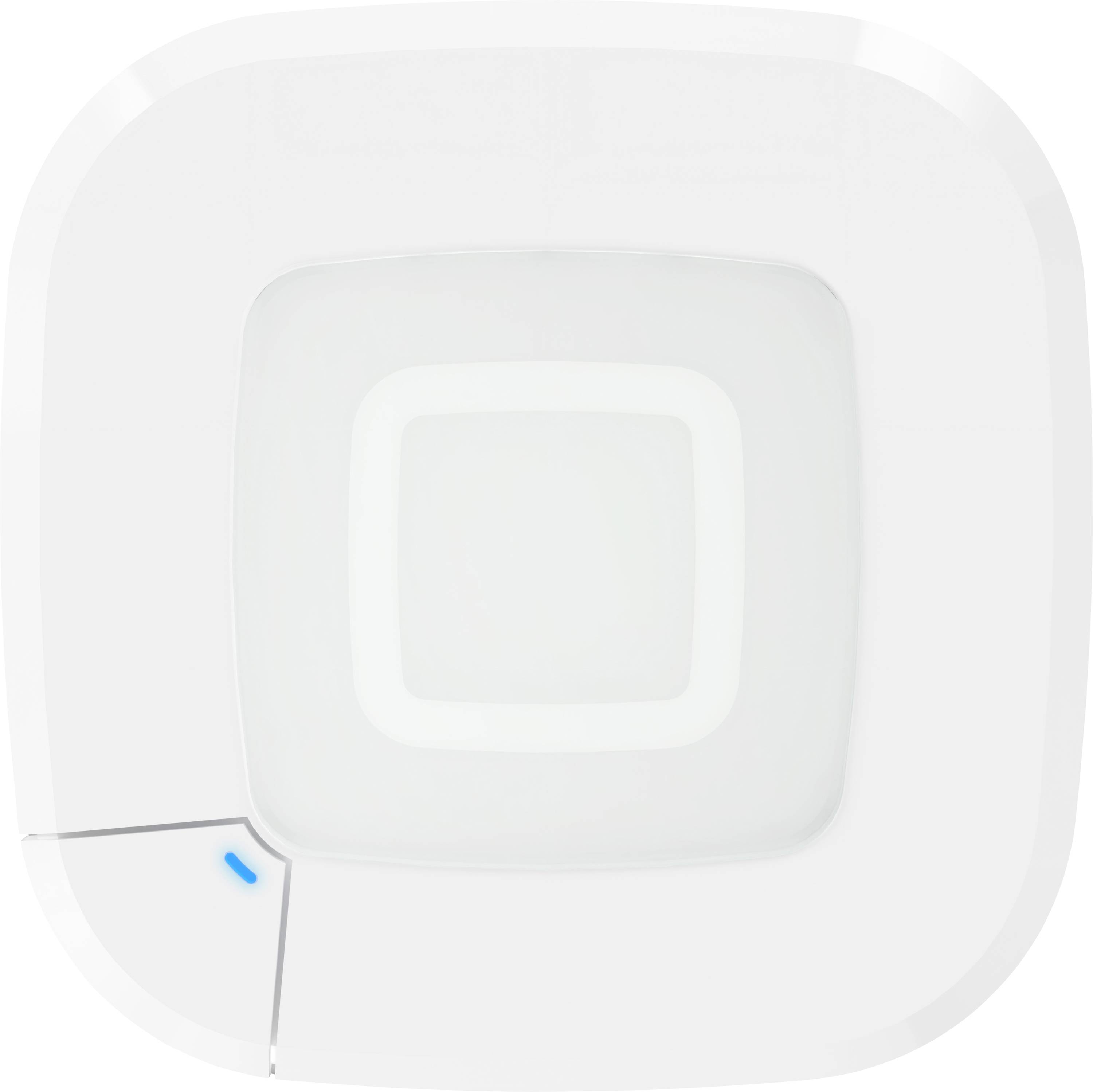 Un point d'accès sans fil blanc carré au design moderne, avec un petit indicateur LED bleu sur une surface lisse.