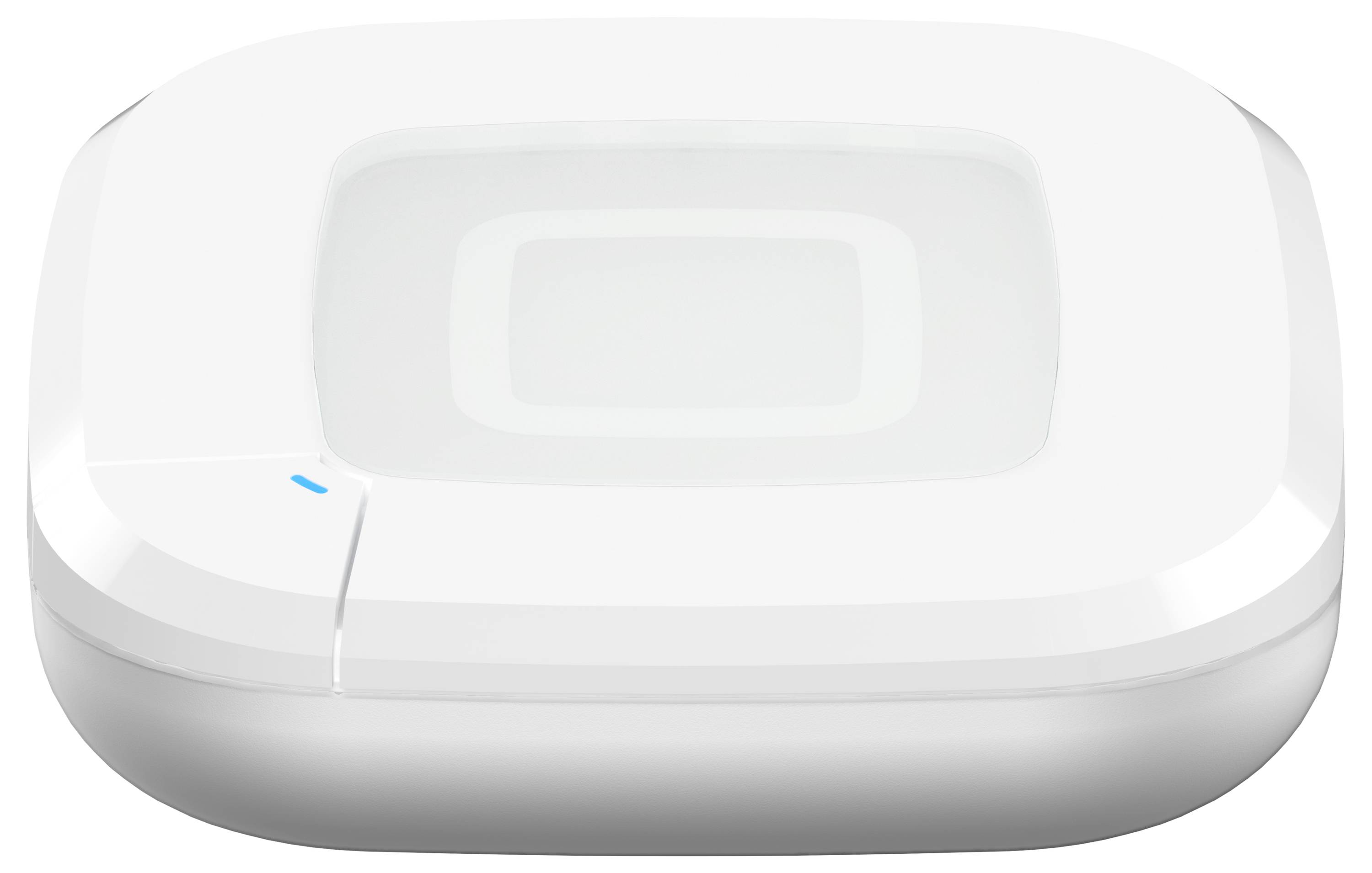 Un appareil électronique rectangulaire blanc avec un petit voyant lumineux bleu, probablement un hub ou un routeur, vu sous une perspective angulaire de dessus.