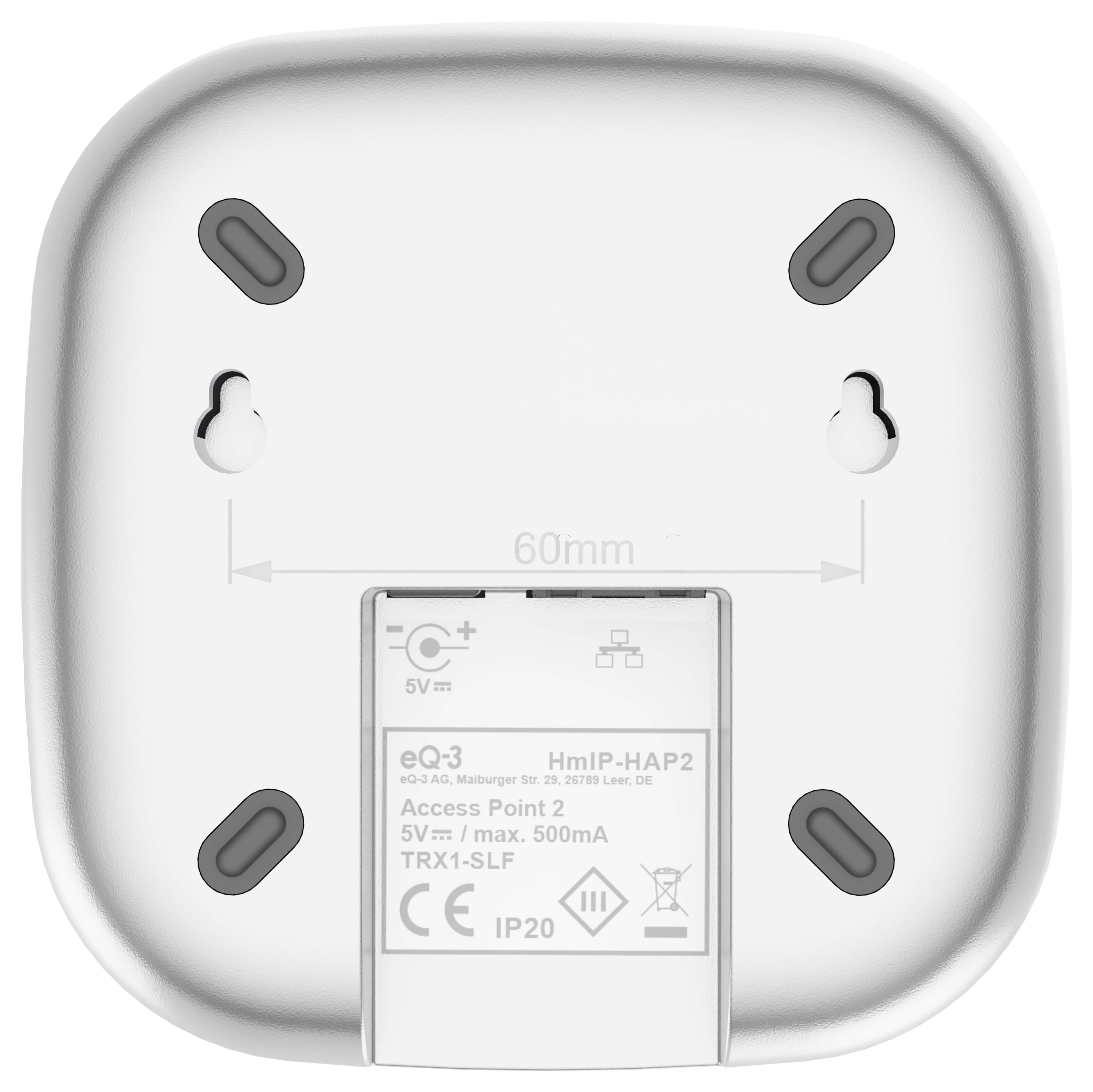 Arrière d'un dispositif domotique avec trous de montage, étiquetage pour eQ-3 HmIP-HAP2, entrée 5V, 500mA max, TRX1-SLF, IP20, multiples certifications.