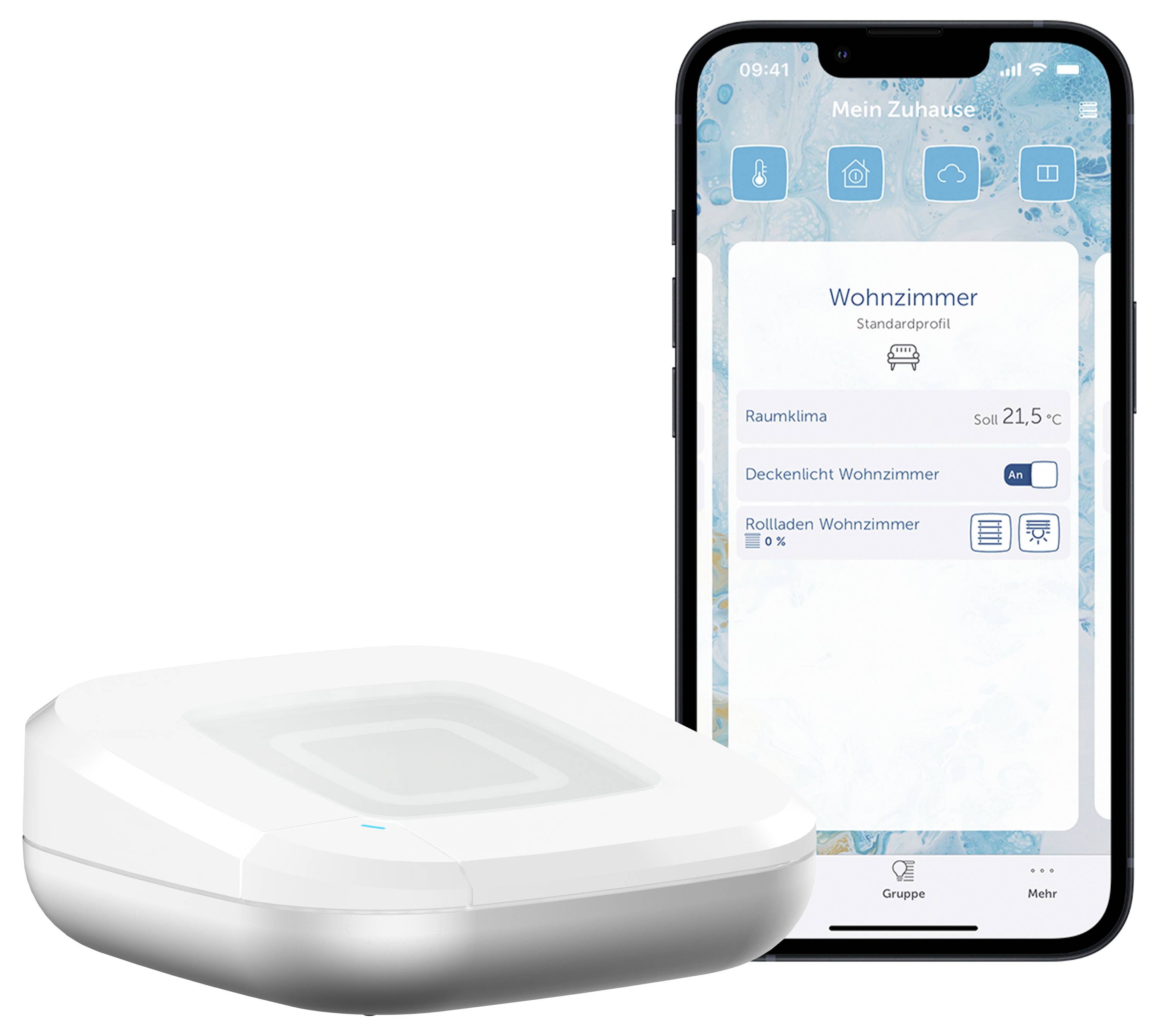 Un appareil domotique et un smartphone affichent une application montrant le contrôle du climat de la pièce avec des informations indiquant que la température de la pièce est réglée à 21,5 °C.