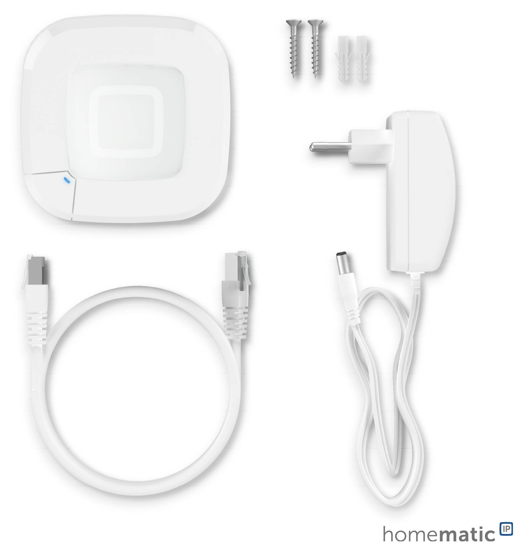 Un hub domotique intelligent comprenant un hub blanc, un adaptateur secteur, un câble Ethernet, des vis et des chevilles, portant la marque « homematic IP » en bas à droite.