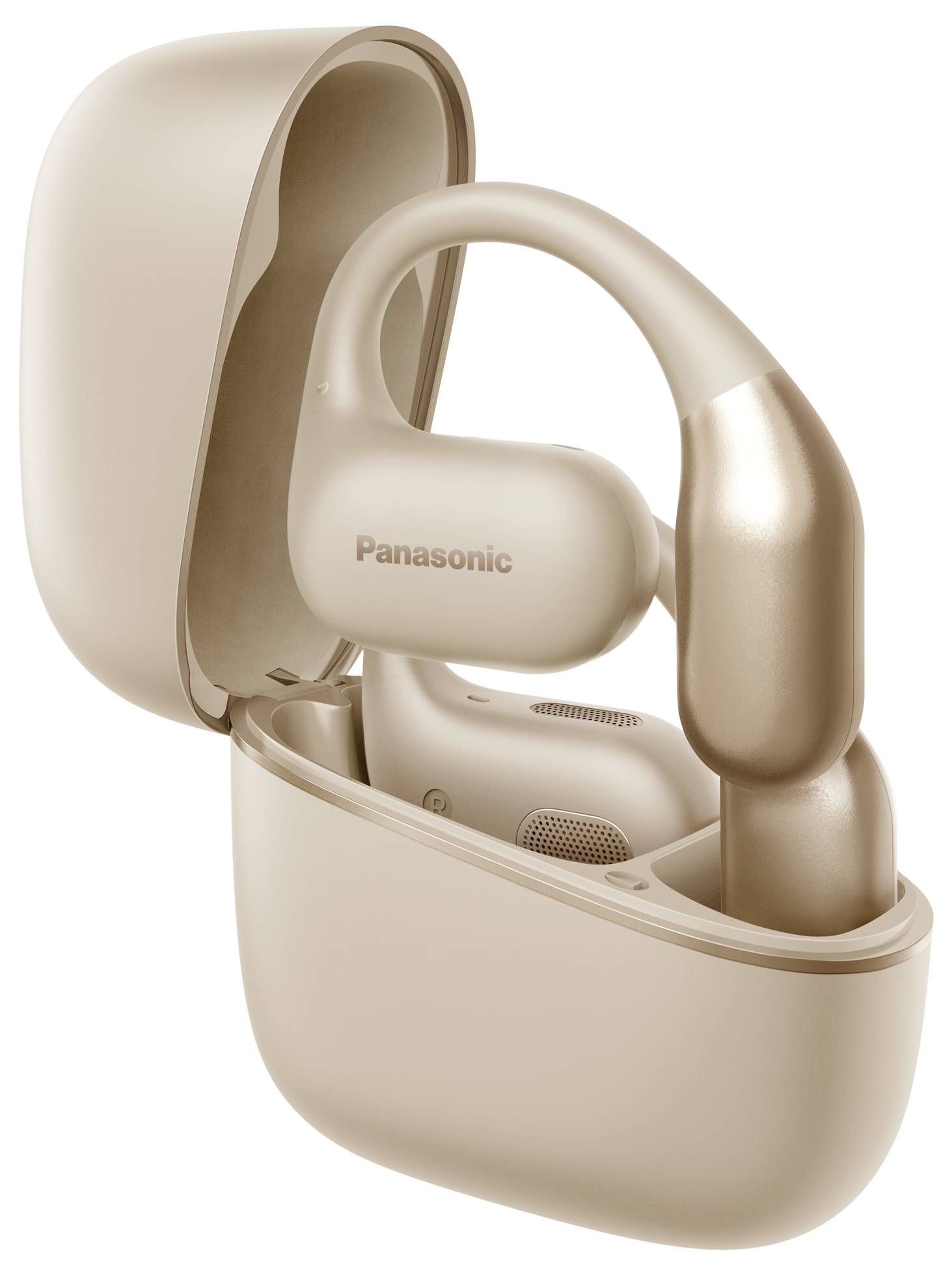 Écouteurs sans fil Panasonic dans un étui de charge beige, présentant un design élégant avec un crochet d'oreille pour un maintien sécurisé.