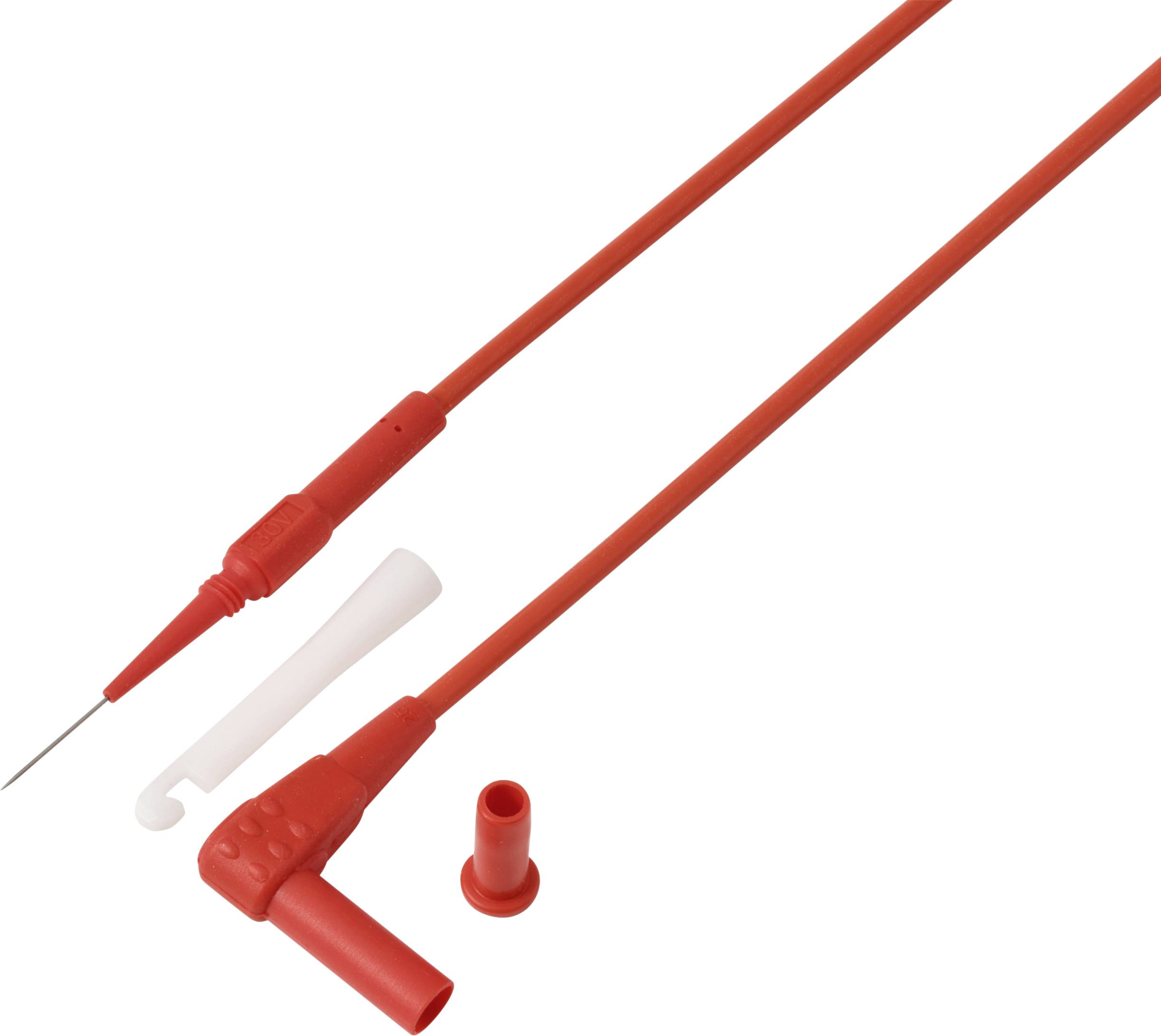 Câble coaxial rouge avec un embout en pointe, capuchon de protection blanc et connecteur rouge ; utilisé pour des tests électroniques précis ou des connexions.