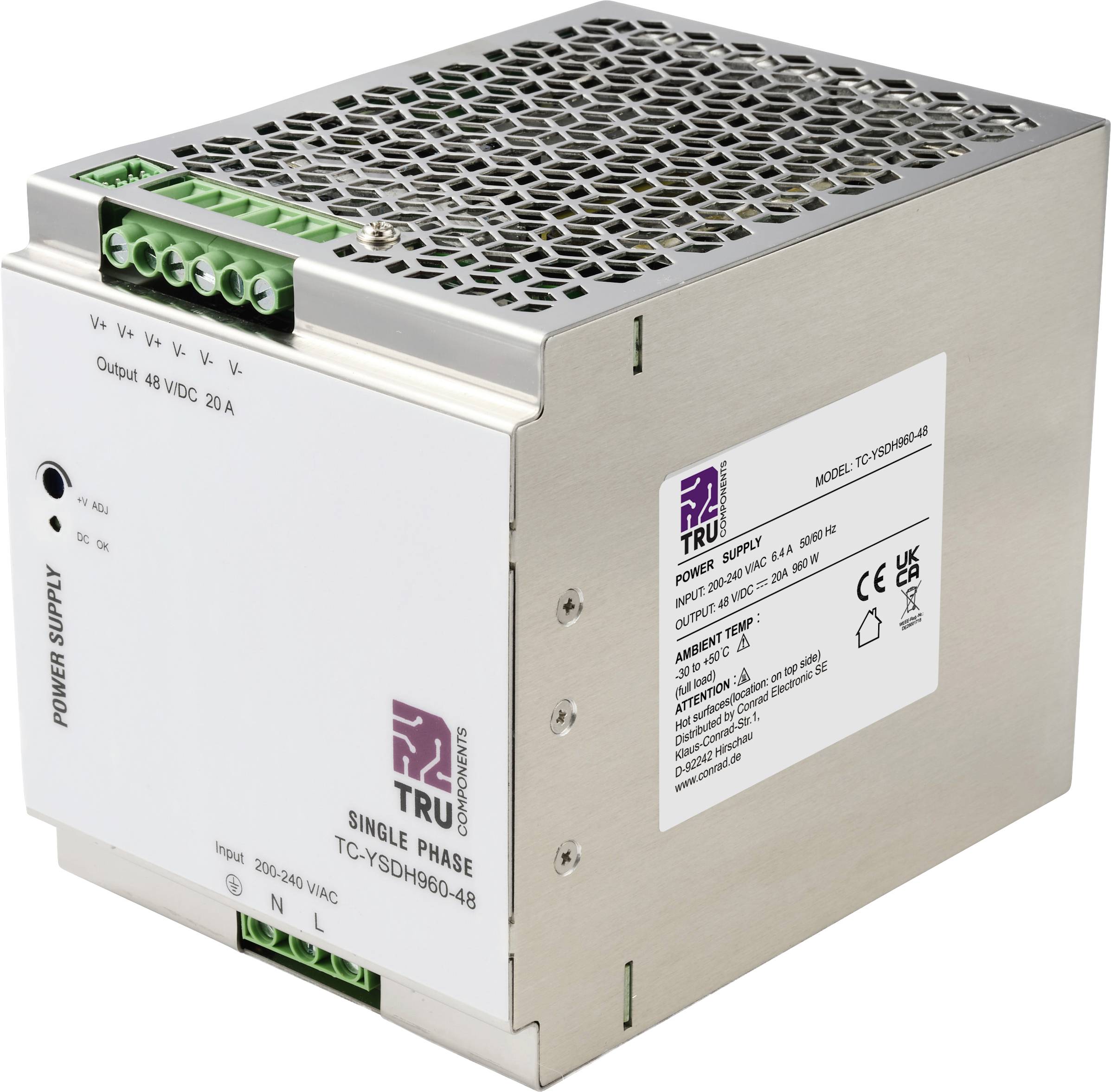 Bloc d'alimentation monophasé en métal avec sommet ventilé, blocs de bornes verts et étiquette TRU Components sur le côté.