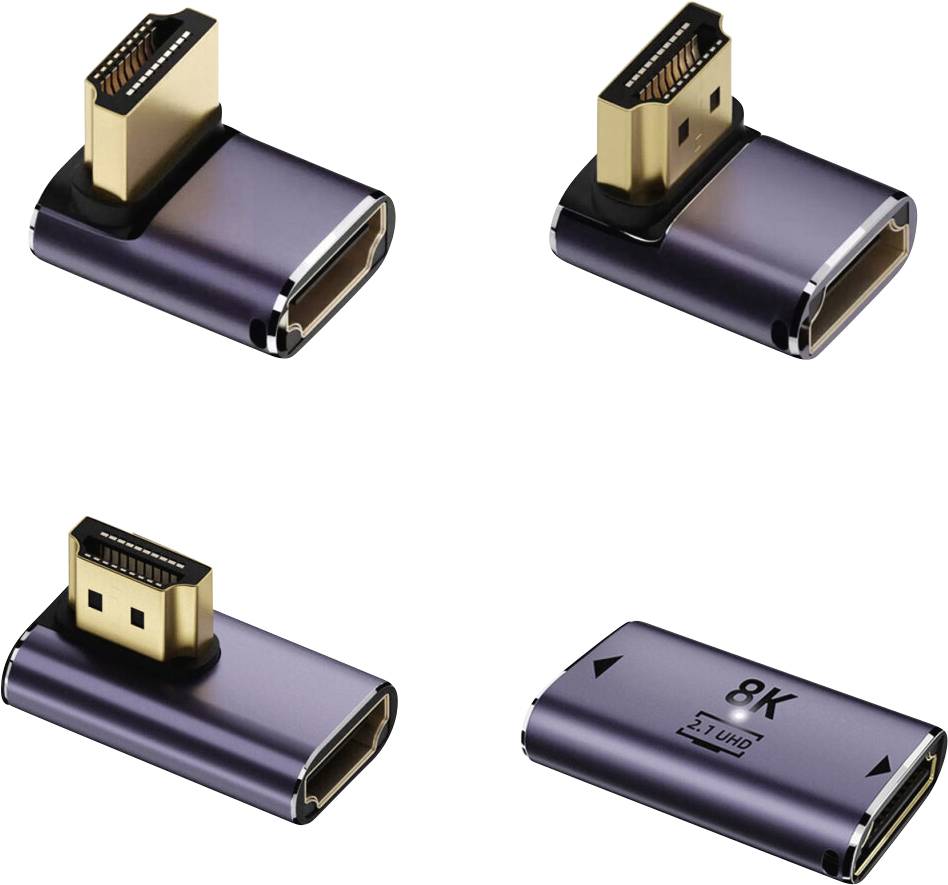 « Quatre vues d'un adaptateur HDMI à 90 degrés avec une étiquette 8K, mettant en valeur sa conception compacte et sa compatibilité pour une gestion efficace des câbles. »