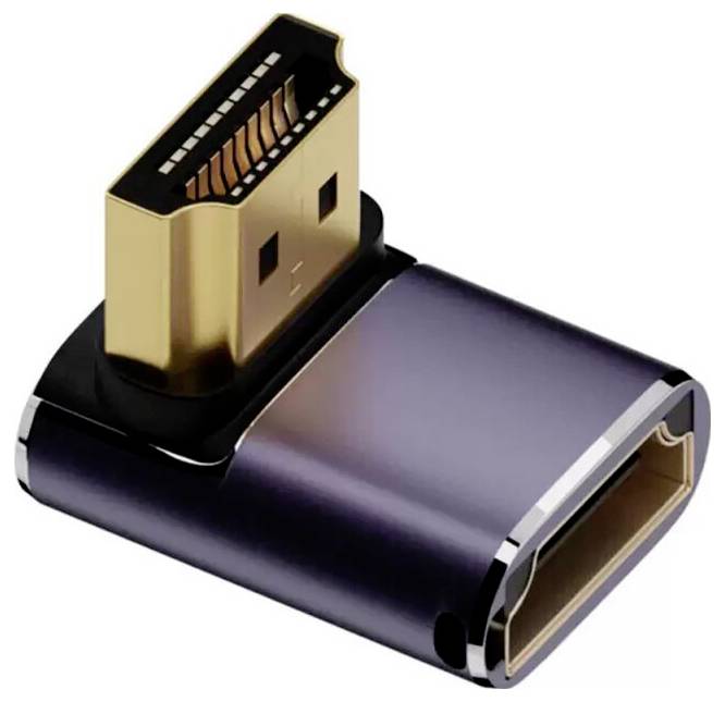 Un gros plan d'un adaptateur HDMI mâle vers femelle coudé à 90 degrés, montrant les connecteurs plaqués or et le boîtier noir.