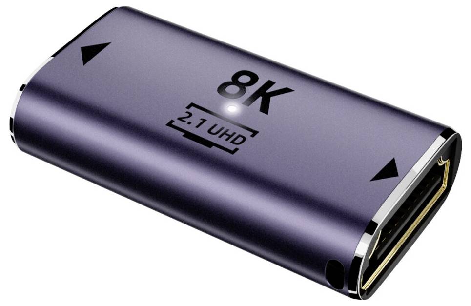 Un adaptateur métallique étiqueté « 8K 2.1 UHD » avec des ports HDMI, démontrant la prise en charge de résolutions vidéo haute définition.