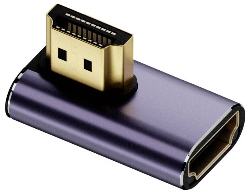Un petit adaptateur HDMI métallique avec un connecteur mâle d'un côté et un port femelle de l'autre, utilisé pour connecter les câbles HDMI.