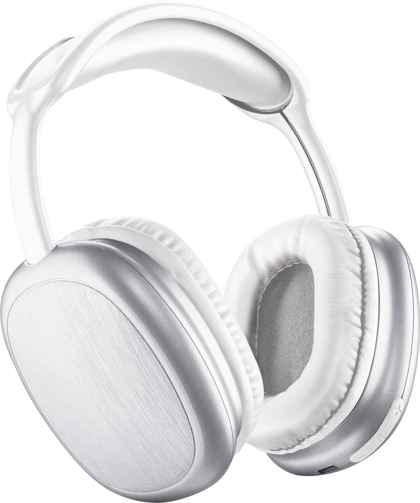 Casque audio argent avec des coussinets d'oreille rembourrés et un arceau réglable, posé sur un fond blanc uni.