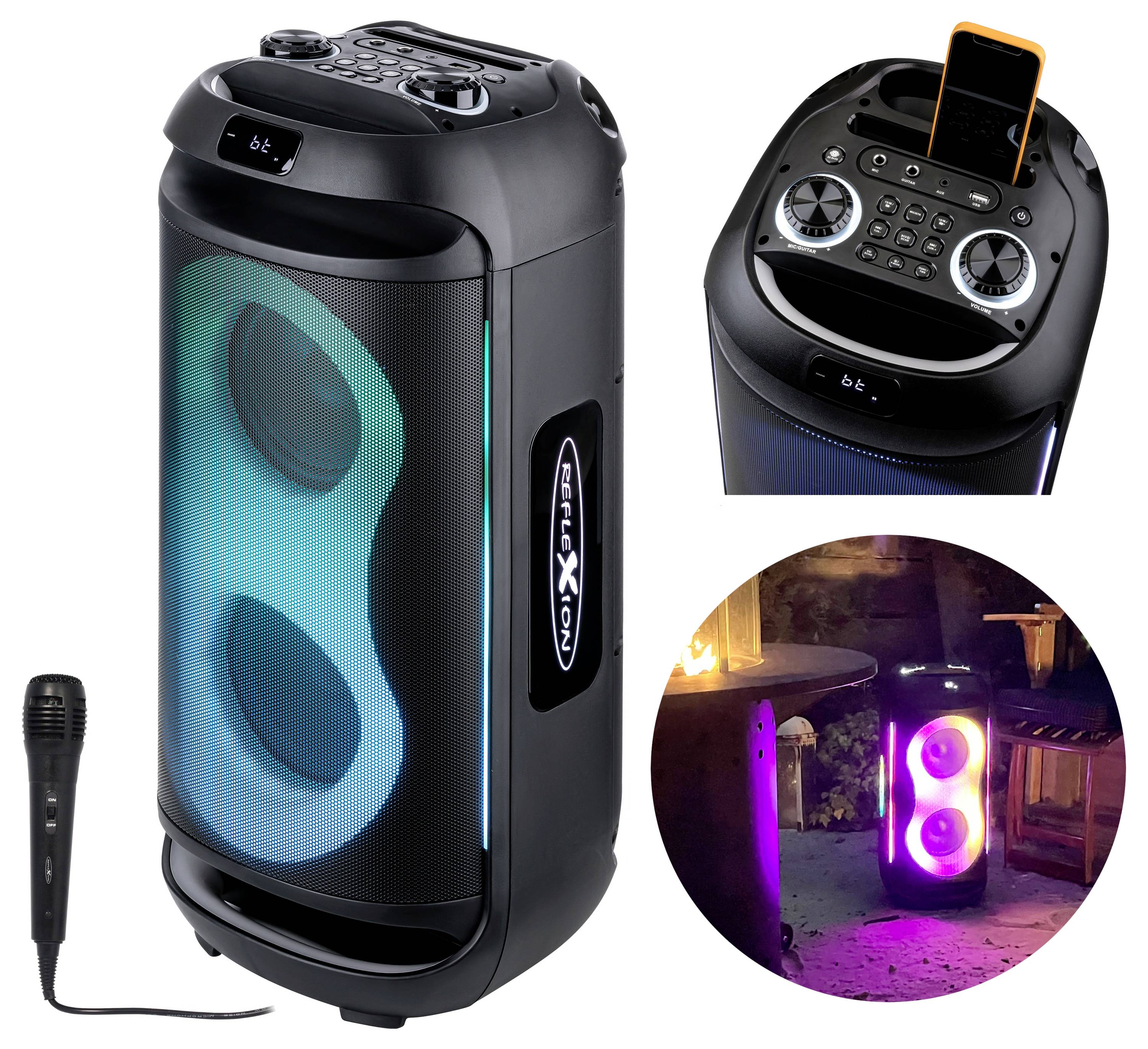 Haut-parleur Bluetooth portable avec pilotes doubles bleus luminescents, panneau de commande supérieur et socle pour téléphone, plus un microphone filaire et scène nocturne montrant son utilisation éclairée.