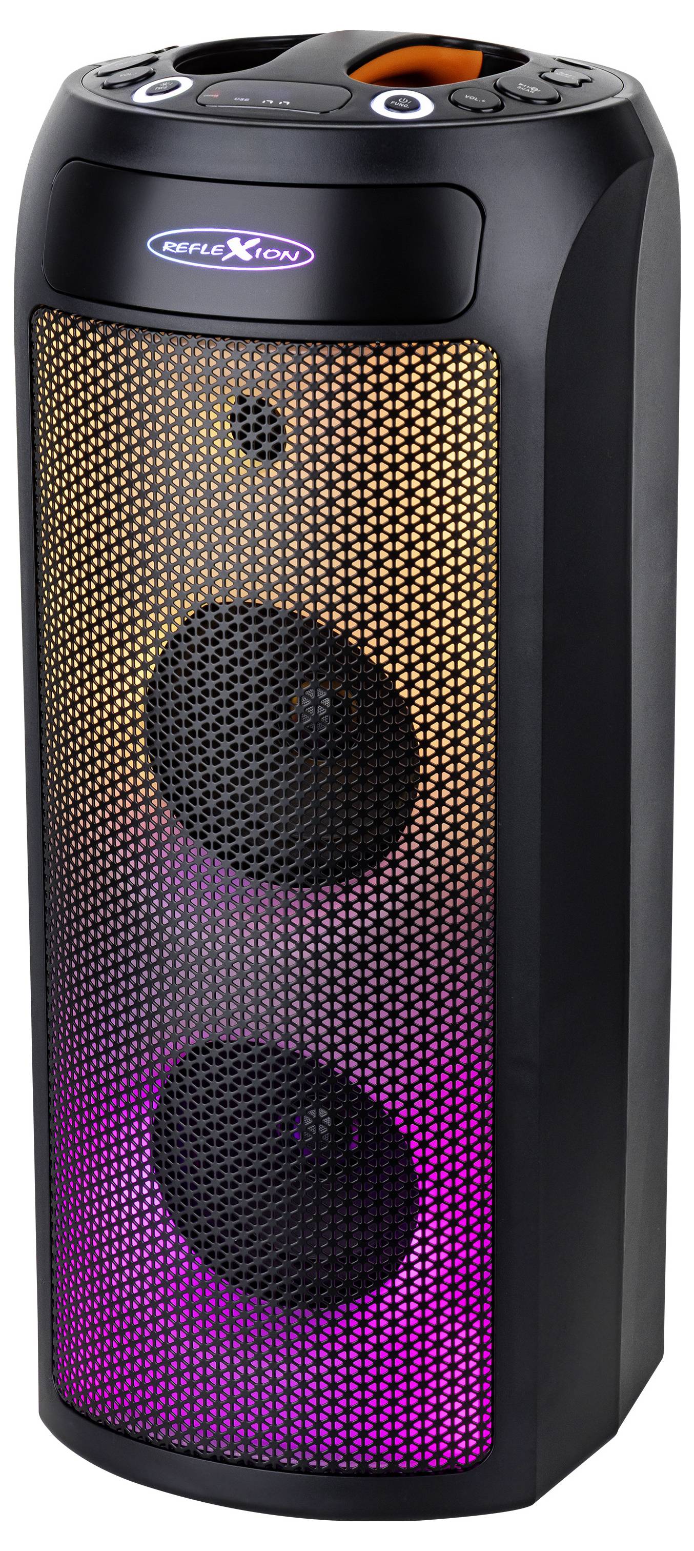 Un haut-parleur noir en forme de tour avec des lumières LED multicolores sur la grille avant, présentant deux haut-parleurs visibles et des boutons de contrôle sur le dessus.