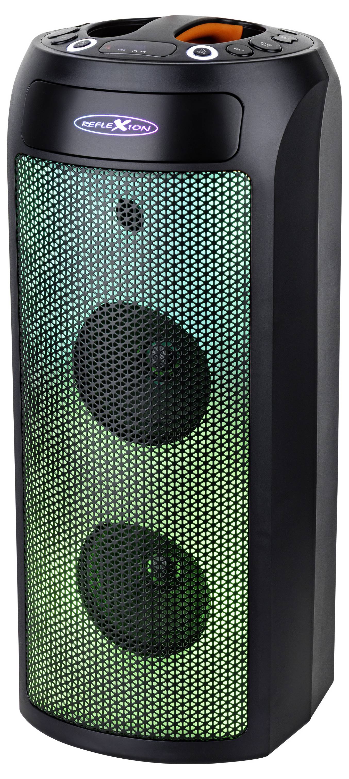 Un haut-parleur noir et élancé doté de deux grands haut-parleurs circulaires et d'une grille avant vert néon. Il est conçu pour la projection sonore dans des environnements de divertissement.