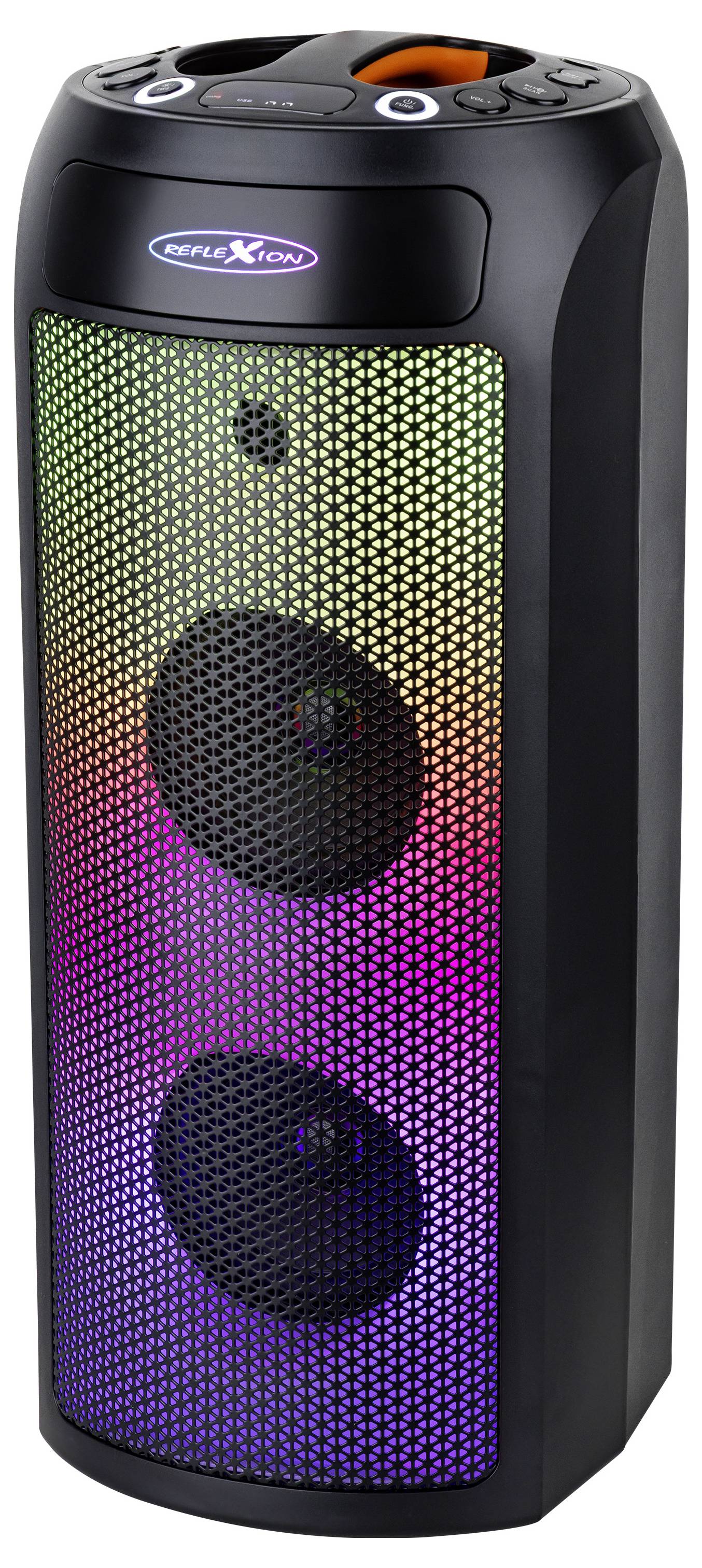 Haut-parleur noir et grand, doté de deux woofers et de lumières LED multicolores couvrant l'avant, posé sur un fond blanc.
