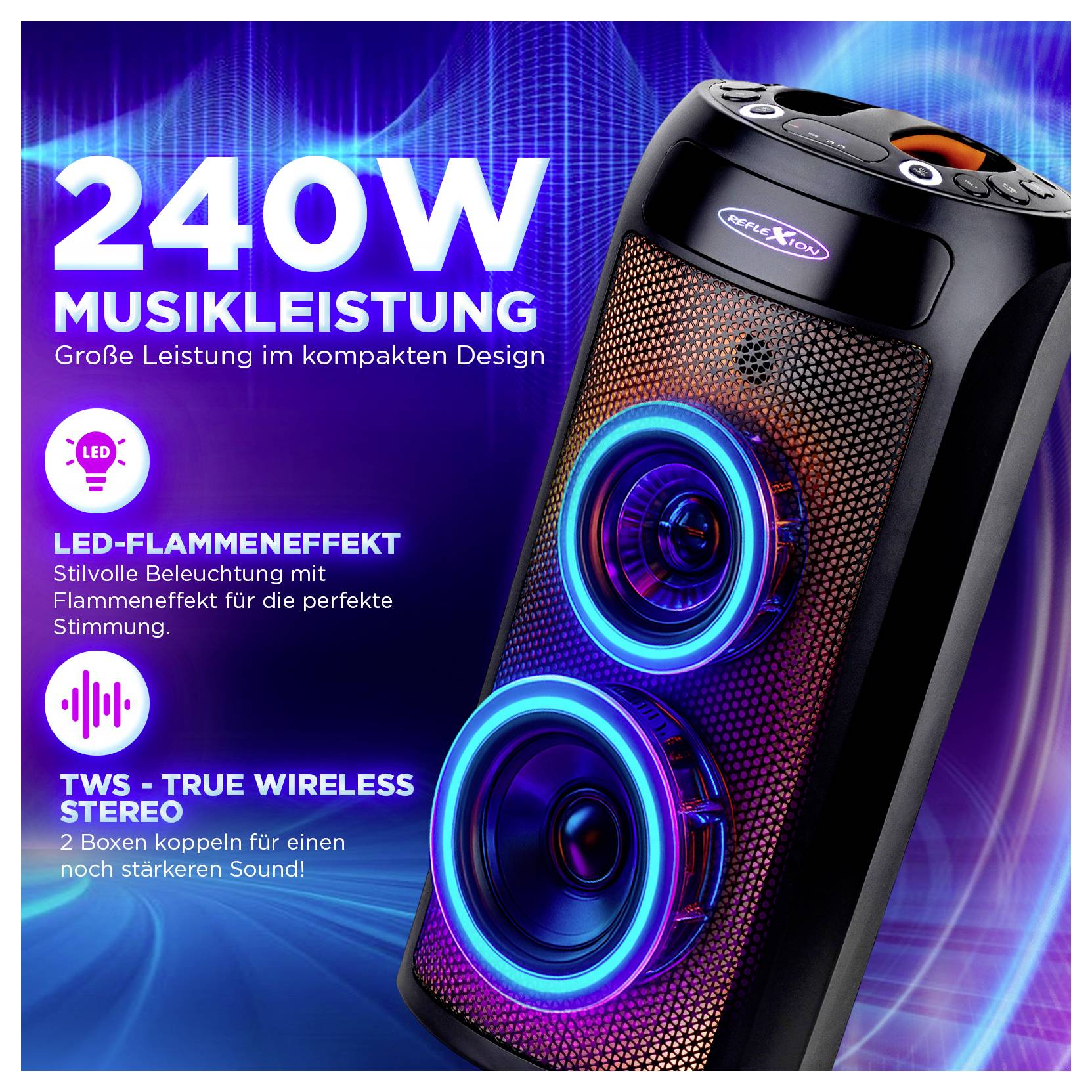Un système audio promouvant '240W de puissance musicale', avec des effets lumineux LED de type flamme et 'TWS - True Wireless Stereo' pour un son amélioré.
