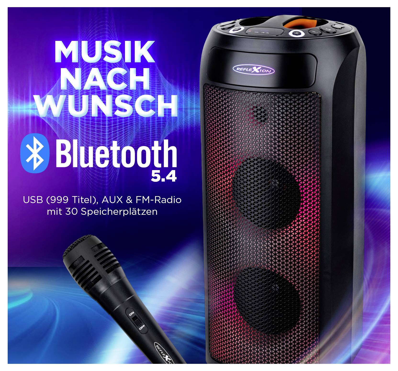 Un haut-parleur portable avec microphone ; le texte indique 'Musique à la demande' et 'Bluetooth 5.4' ; les fonctionnalités comprennent USB, AUX, Radio FM.