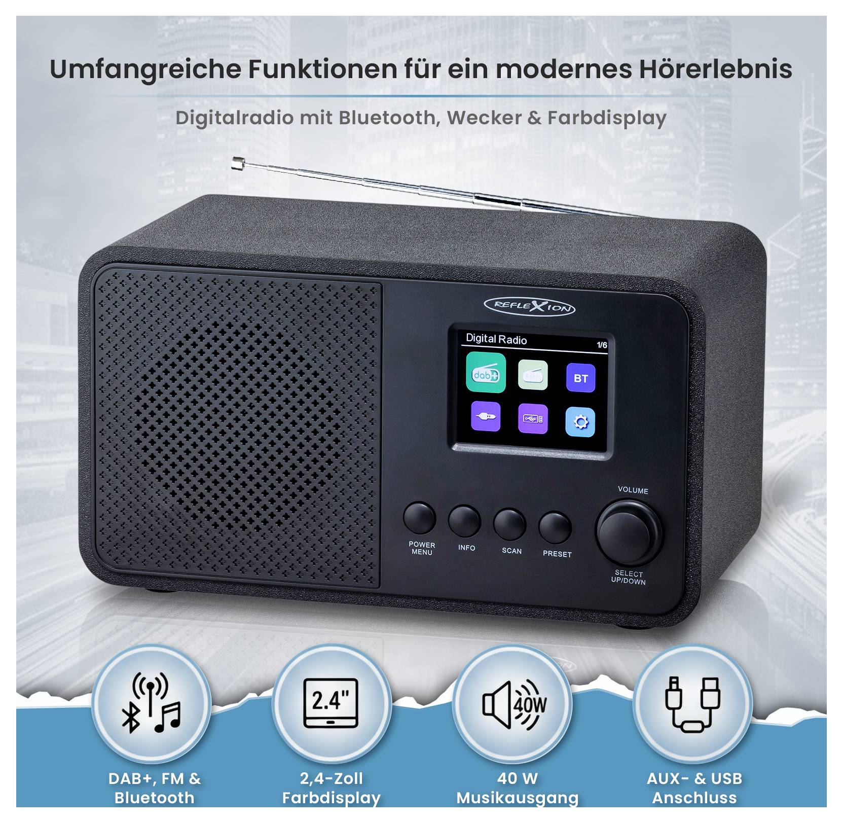 Radio numérique avec des fonctionnalités complètes : Bluetooth, réveil, écran couleur, DAB+, FM, écran de 2,4 pouces, haut-parleur de 40 W, AUX/USB.