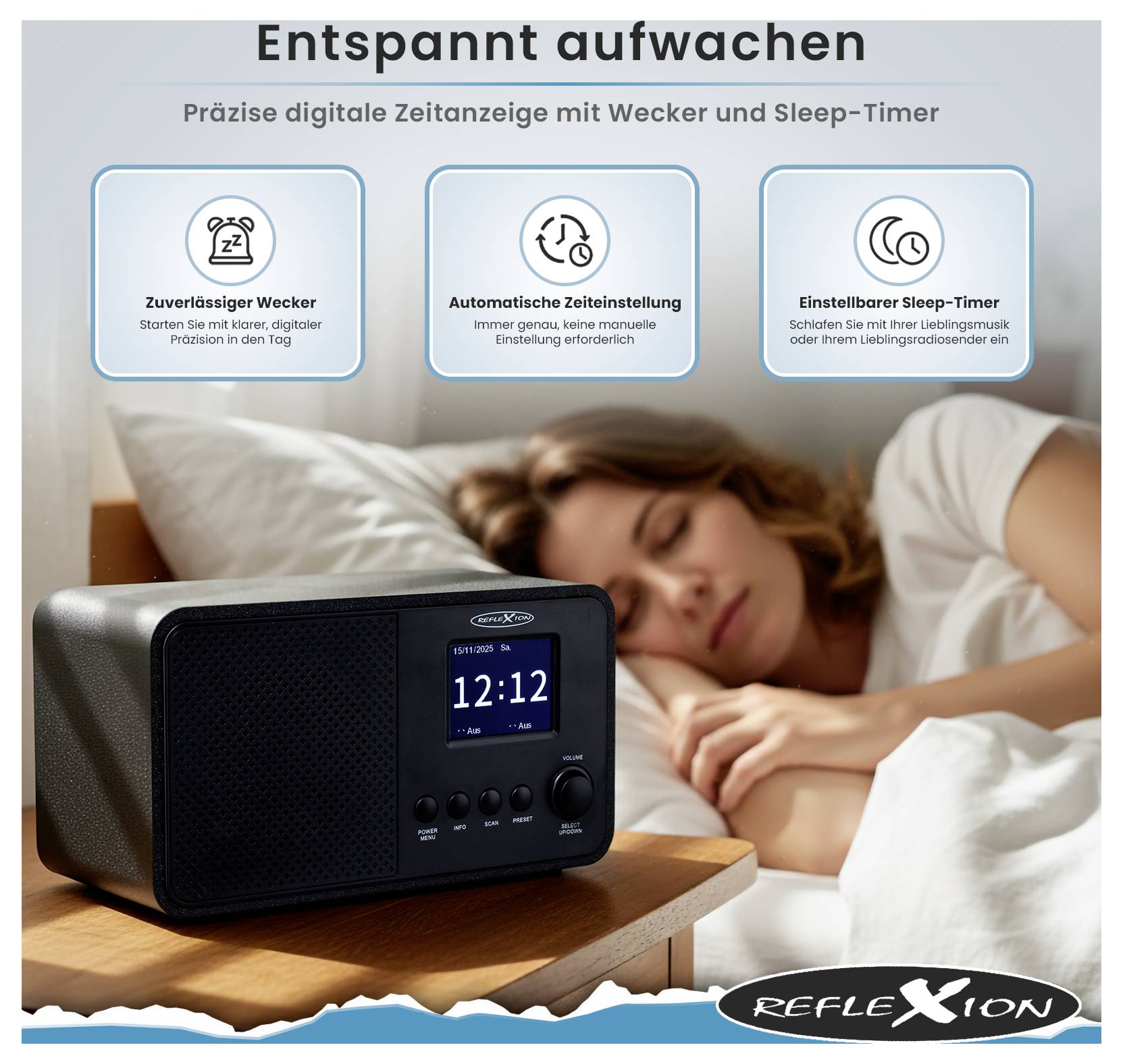 Une femme dort sur un lit. Au premier plan, un réveil avec affichage numérique '12:12'. Le texte décrit les fonctions du réveil, de l'heure et de la minuterie de sommeil.