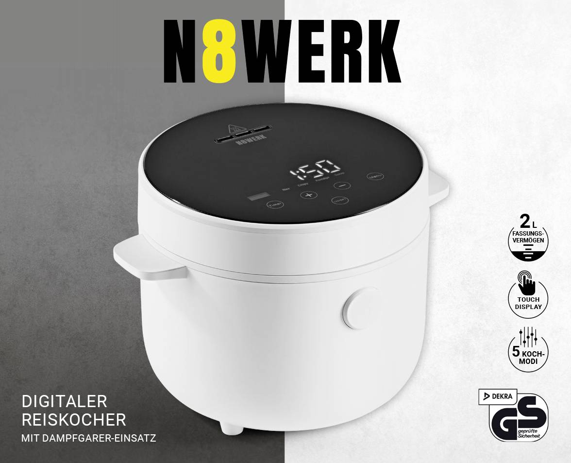 Cuiseur à riz numérique avec panier vapeur, N8WERK, capacité de 2 L, écran tactile, 5 modes de cuisson. Design gris et blanc, certifié GS.