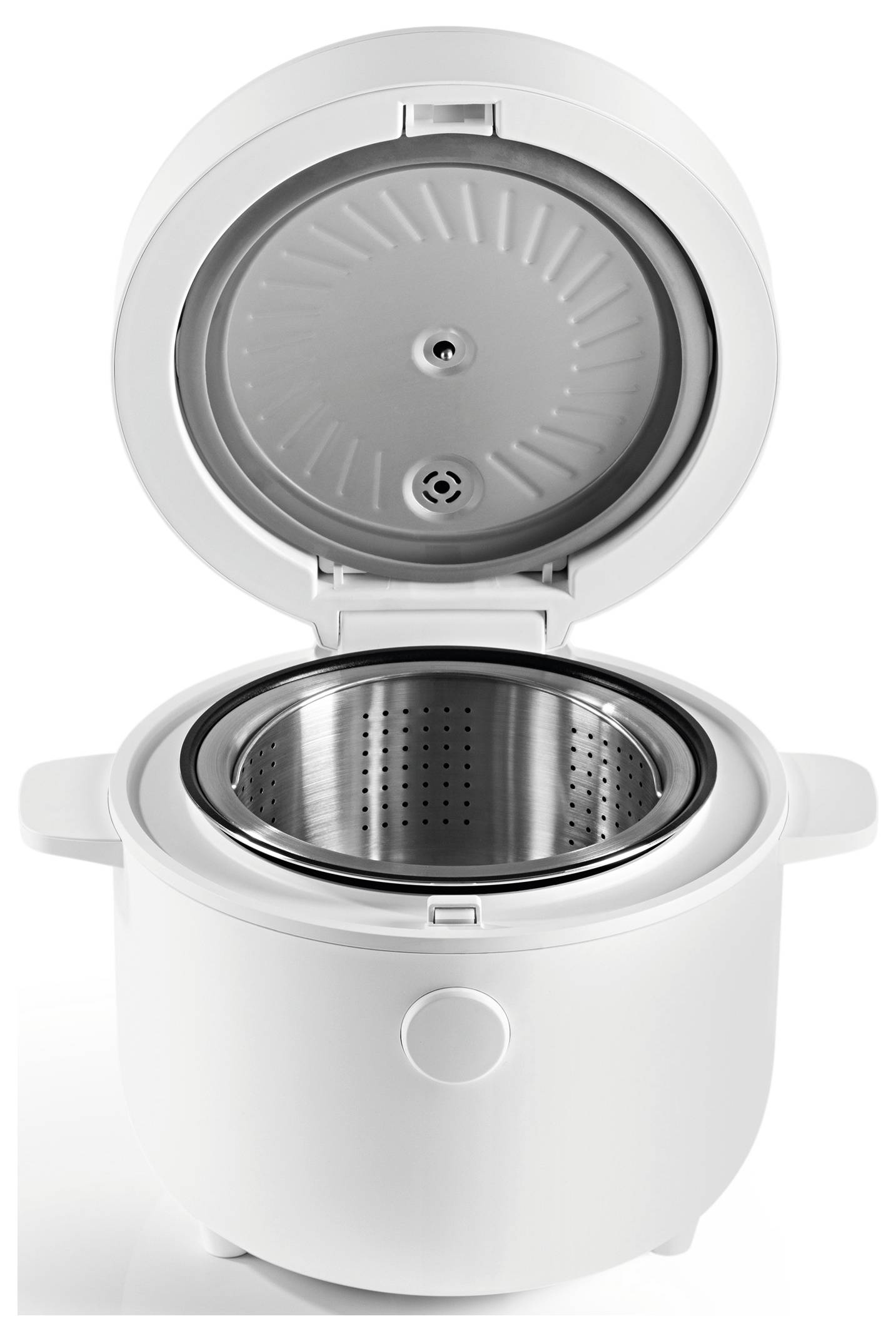 Un cuiseur à riz électrique ouvert avec un pot intérieur en acier inoxydable, montrant le design intérieur et le couvercle.