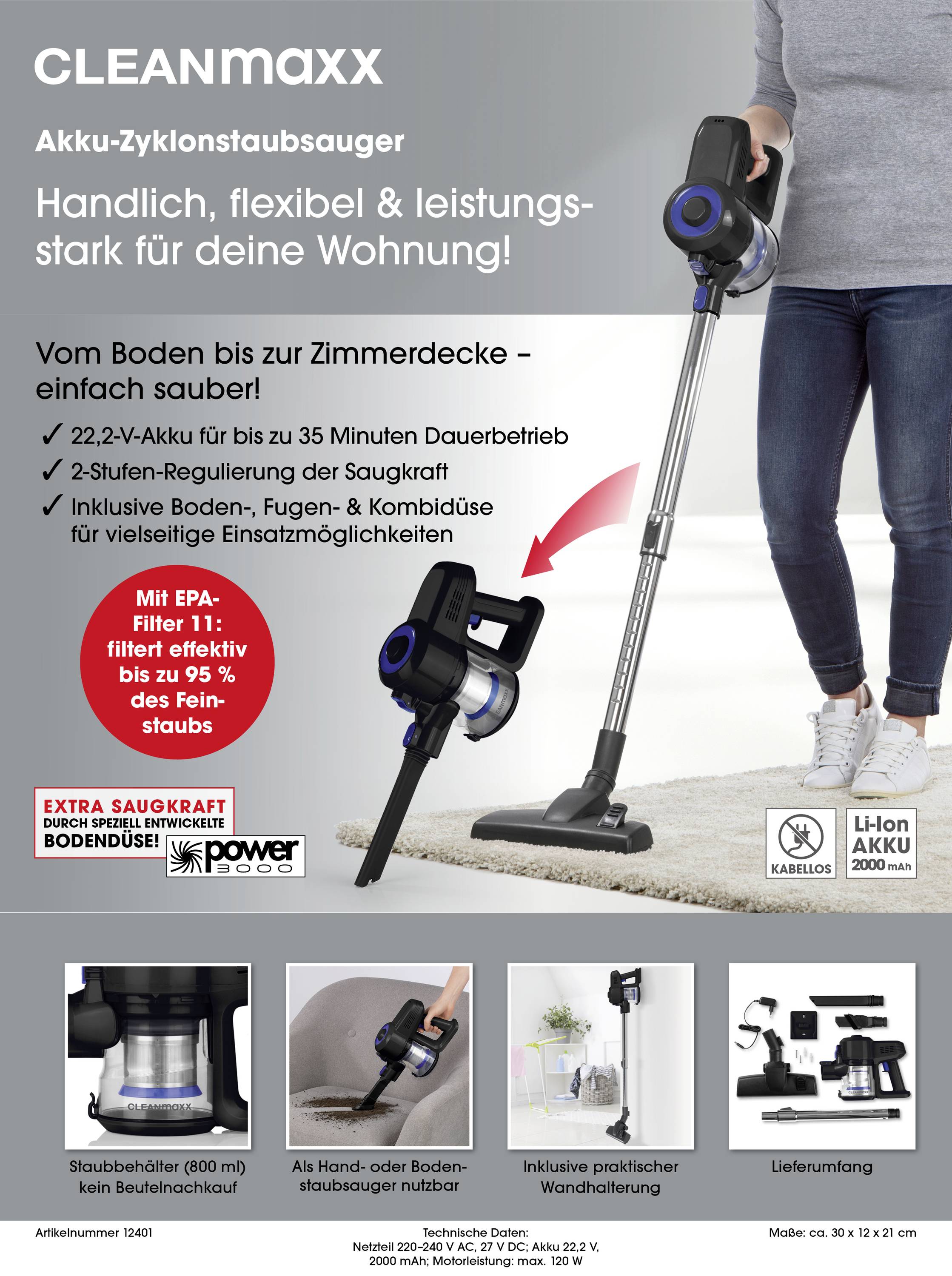 Aspirateur cyclonique sans fil de CLEANmaxx avec maniabilité flexible et batterie de 22,2 V. Comprend un filtre HEPA, différents accessoires et un régulateur à 5 niveaux. Idéal pour les sols et les plafonds.