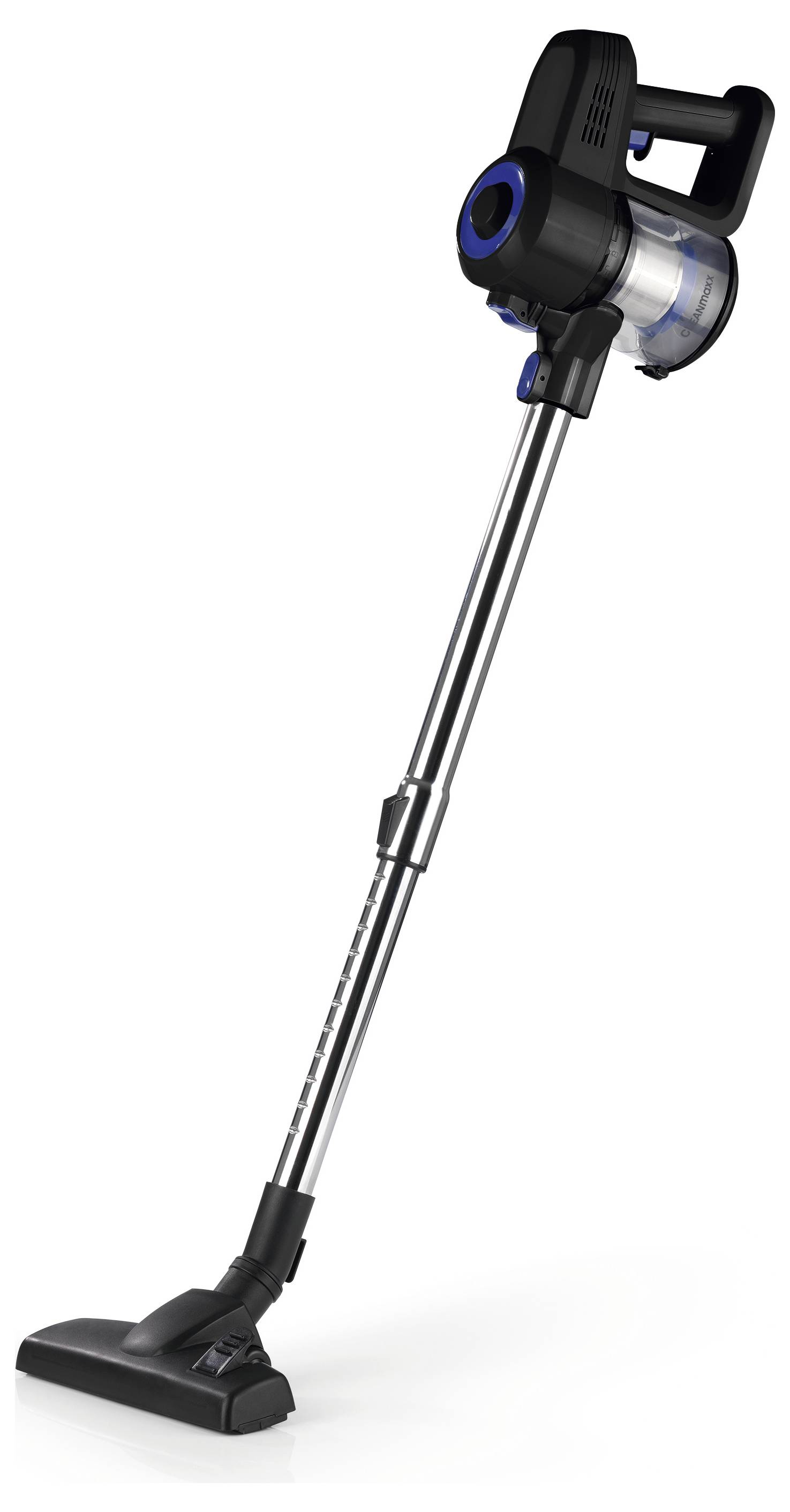 Un aspirateur sans fil élégant, noir, doté d'un long manche métallique réglable et d'un réservoir à poussière transparent.