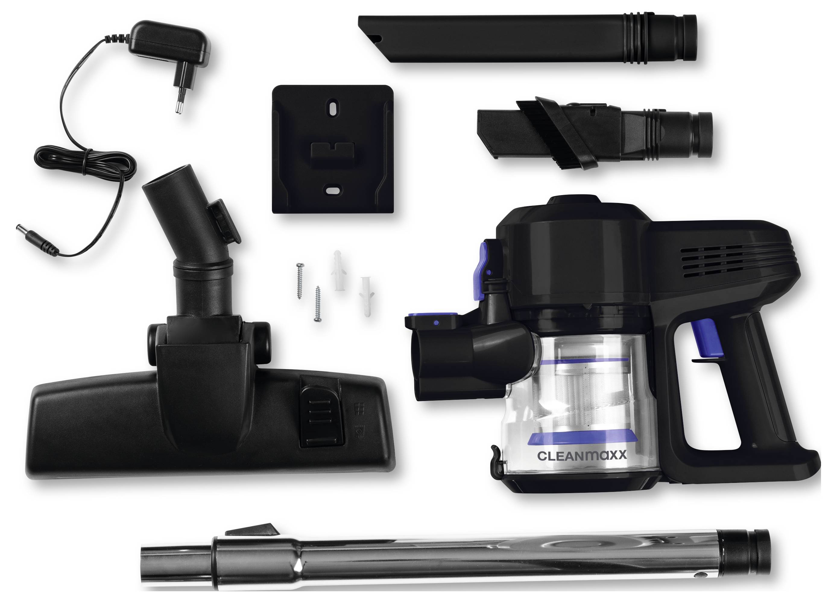 Un ensemble d'aspirateur avec divers accessoires et un câble de charge est disposé. L'appareil principal est étiqueté « Cleanmaxx ».