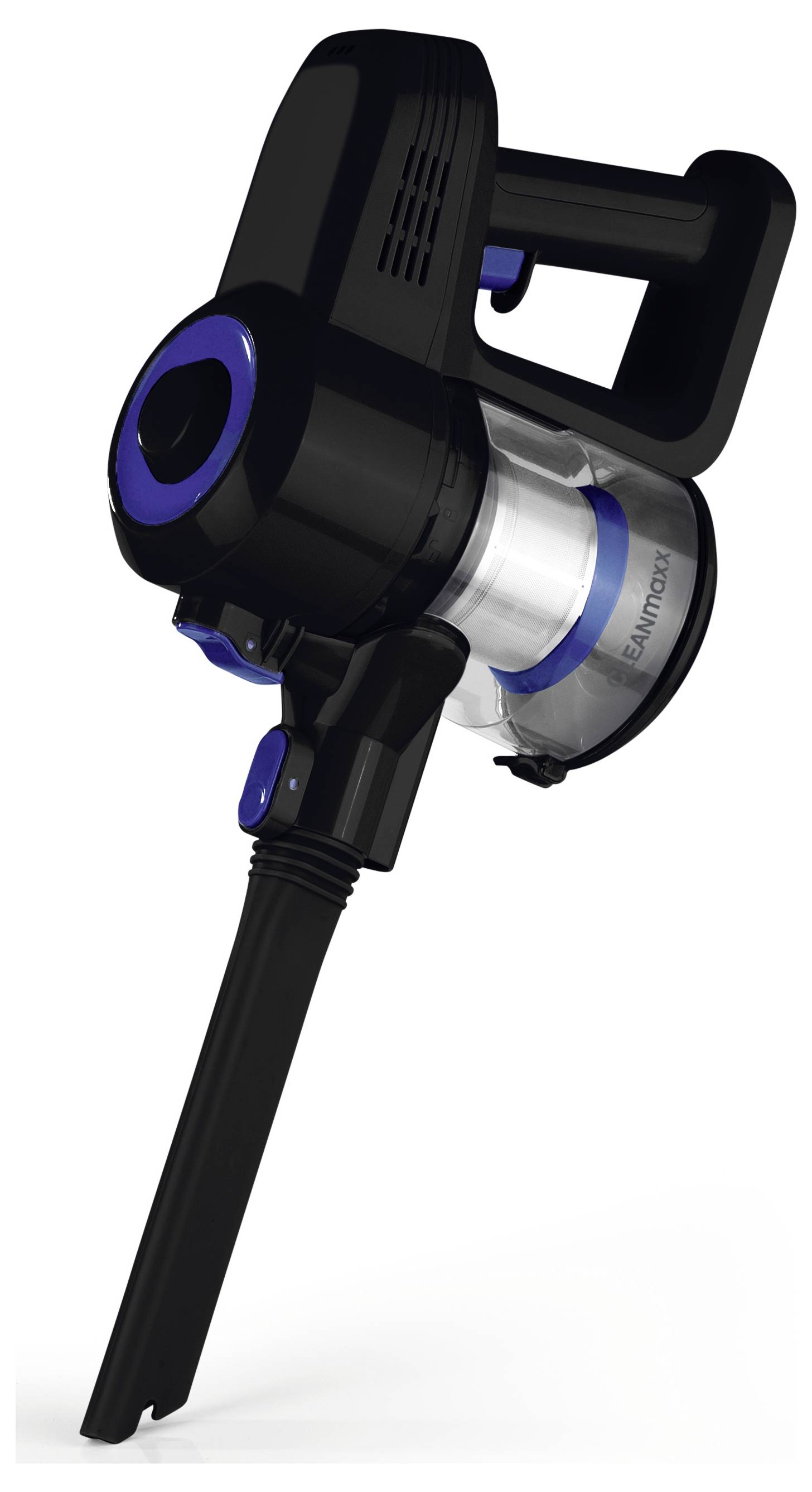 Aspirateur portable noir et bleu avec un réservoir à poussière transparent et un long embout, conçu pour un nettoyage facile.