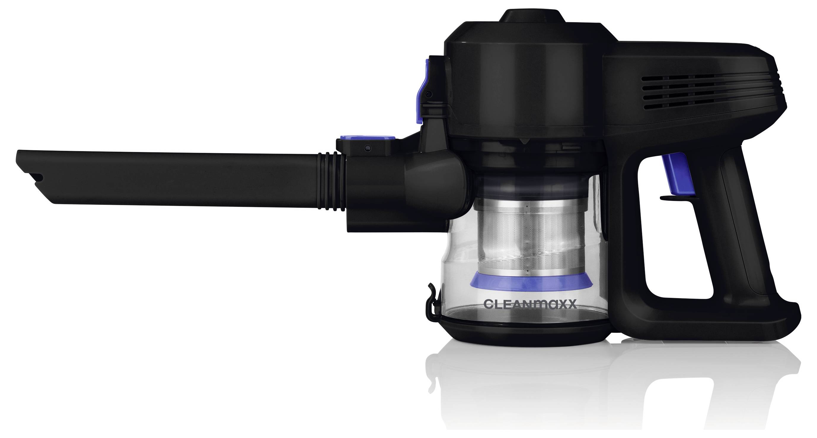 Aspirateur à main avec un réservoir à poussière transparent et un embout fin, conçu pour nettoyer les petits espaces et surfaces.