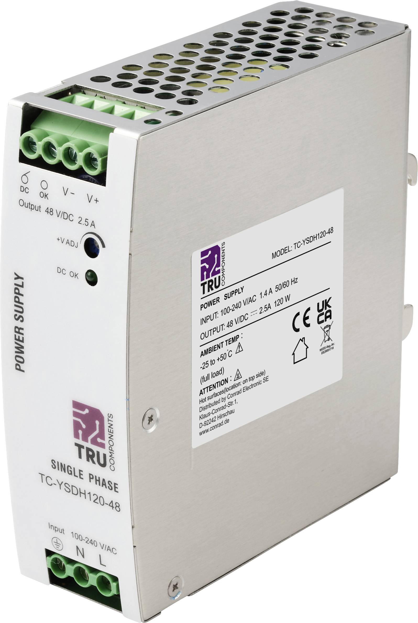 Unité d'alimentation électrique en métal industriel avec sommet ventilé, blocs de bornes verts et étiquette frontale indiquant les spécifications de sortie/entrée.