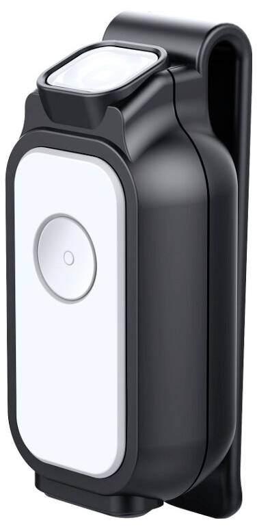 Une caméra portable compacte, noir et blanc, dotée d'un objectif et d'un seul bouton sur l'avant, conçue pour une utilisation mobile.