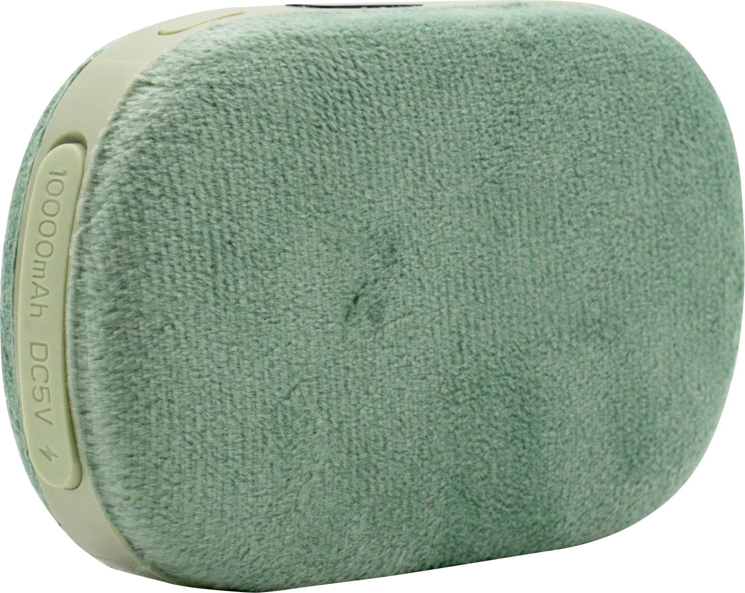Un appareil électronique vert de forme ovale avec un extérieur en tissu doux et du texte visible indiquant '10000mAh, DC5V' sur le côté.