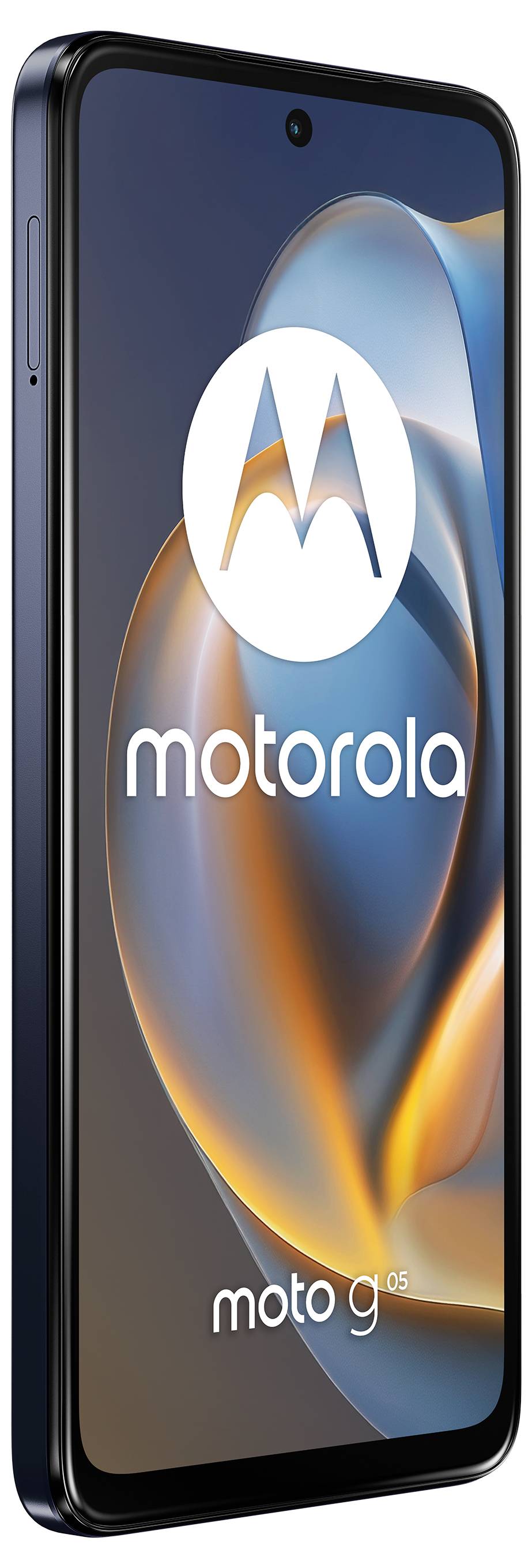L'image montre un smartphone Motorola Moto G, présentant un design élégant noir avec un affichage abstrait et coloré et le logo Motorola.