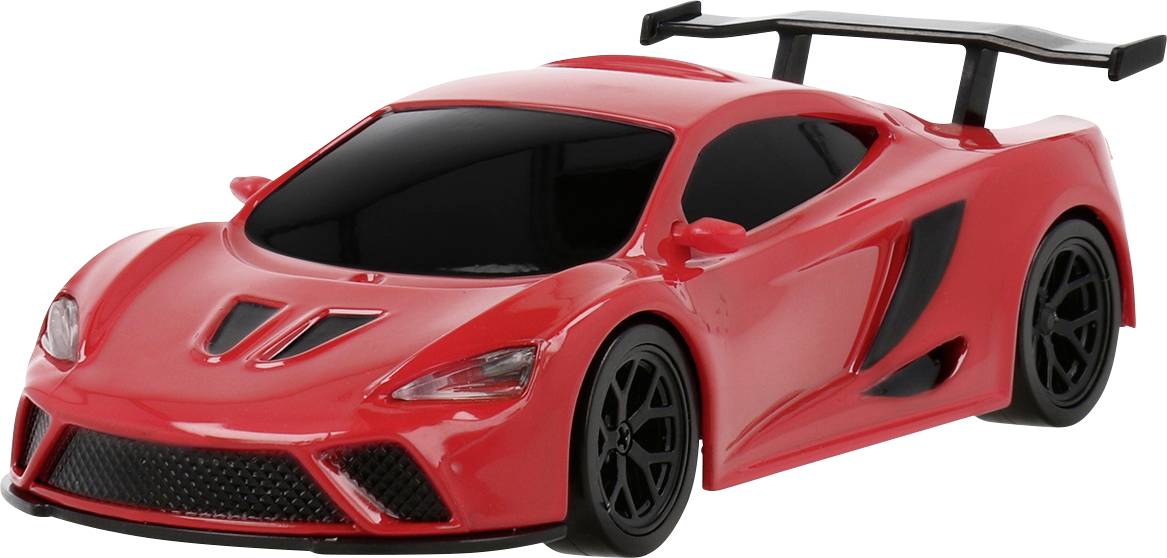 Une voiture de sport miniature élégante en rouge, dotée d'un grand aileron arrière et de touches noires, conçue pour ressembler à un véhicule de course haute performance.