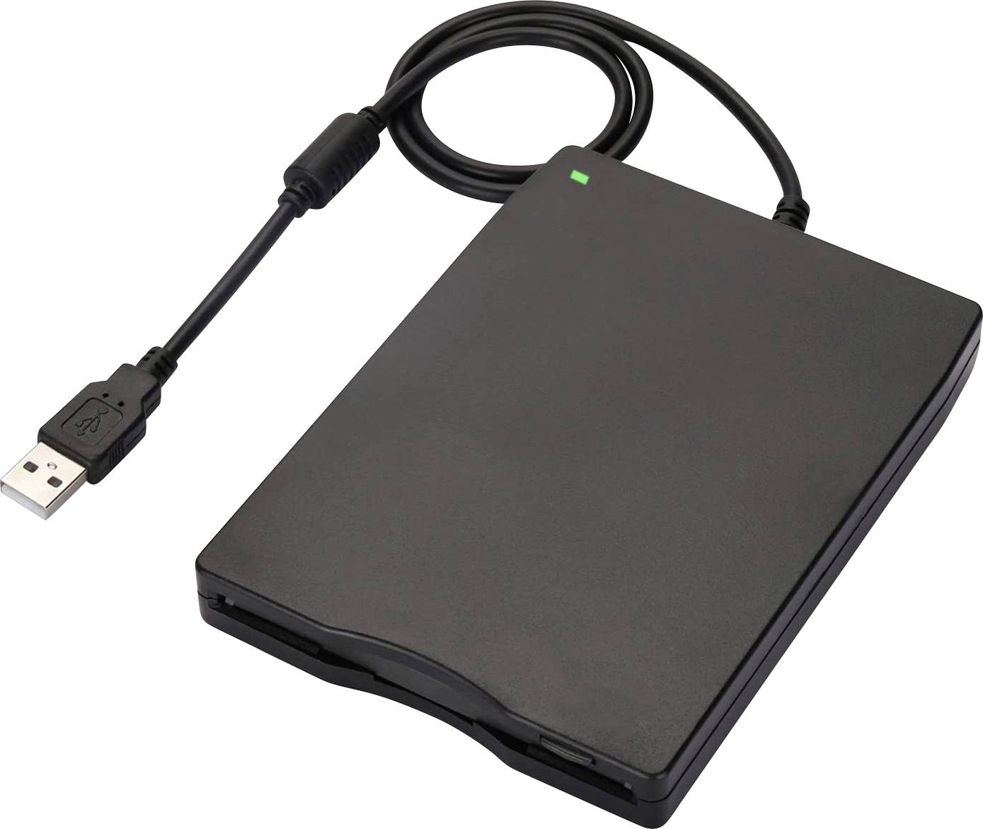 Un lecteur de disquettes externe noir avec un câble de connexion USB, utilisé pour lire des disquettes héritées.