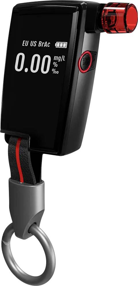 Un éthylotest portable noir affichant '0,00 mg/L' avec un anneau rouge près de l'embouchure, indiquant probablement le taux actuel d'alcool dans le sang.