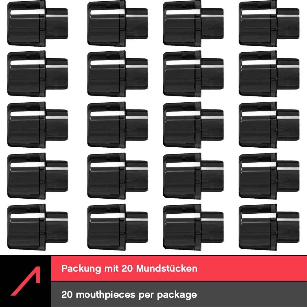 « 20 embouchures par paquet » est répété dans quatre rangées de cinq embouchures noires chacune sur un fond blanc. Une banderole rouge en dessous affiche du texte en allemand et en anglais.