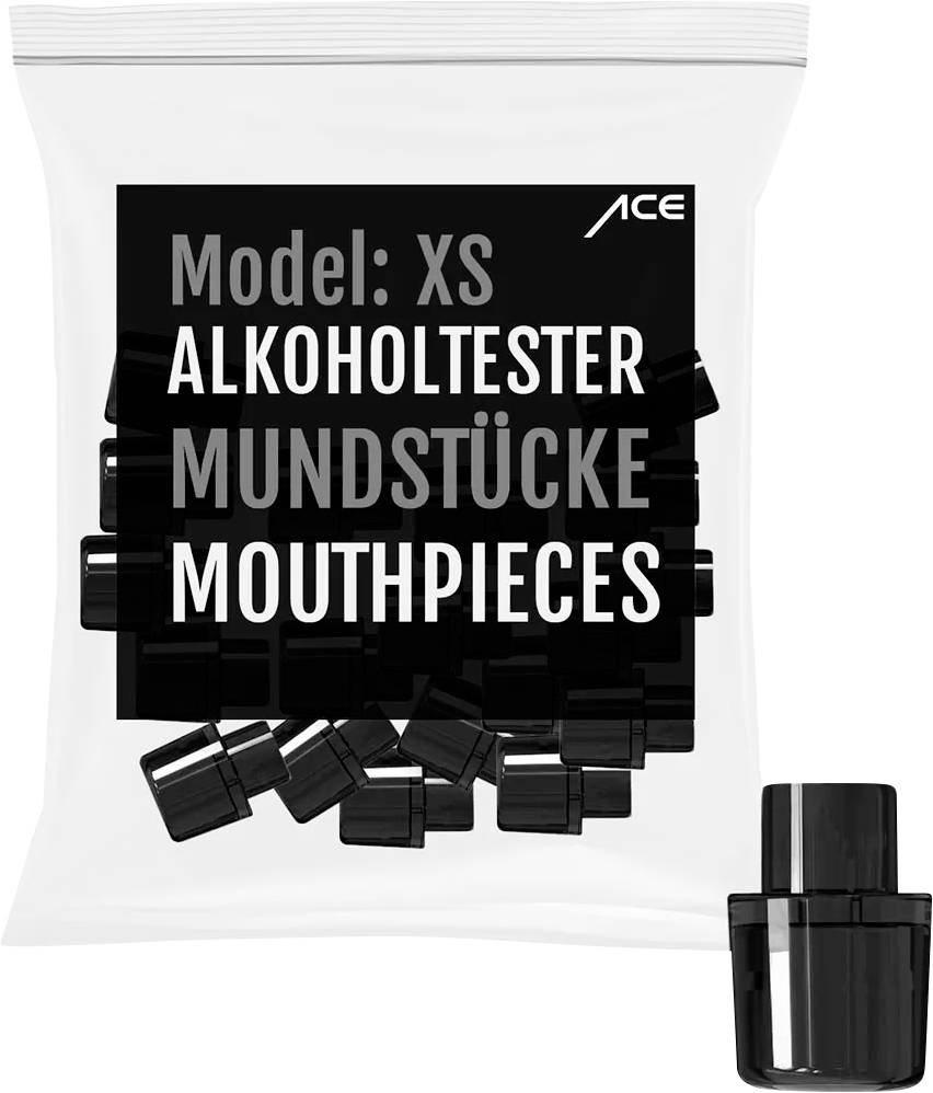 Embouts buccaux en plastique pour testeurs d'alcoolémie modèle XS dans un emballage transparent avec texte noir, utilisés pour les dispositifs de contrôle d'alcoolémie.