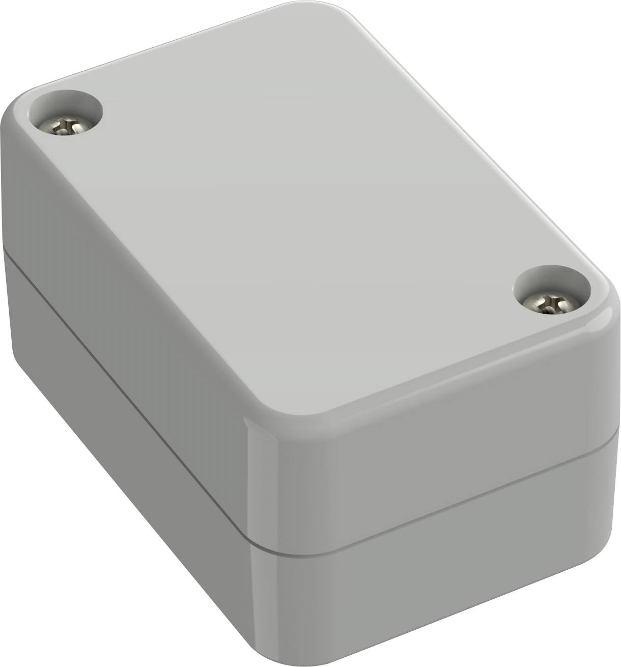 Un petit boîtier rectangulaire gris en plastique avec deux vis visibles sur le dessus, utilisé pour loger des composants électroniques.