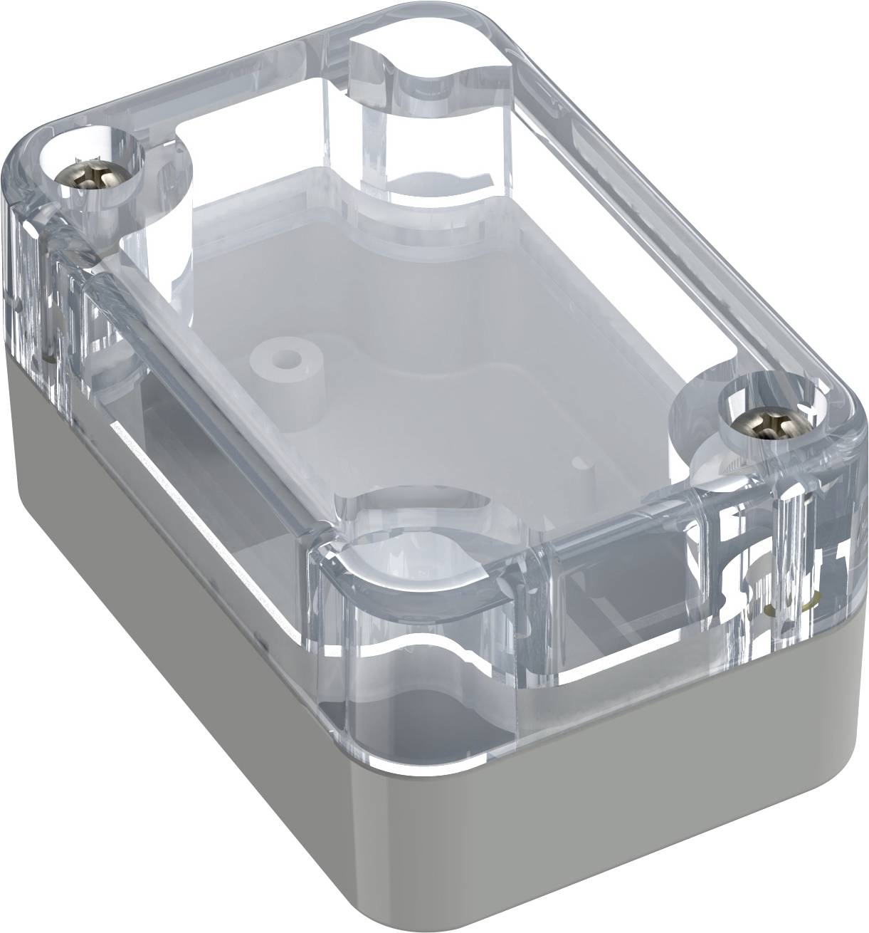 Un boîtier rectangulaire transparent en plastique avec quatre supports de montage en métal, conçu pour protéger des composants électroniques, est représenté.