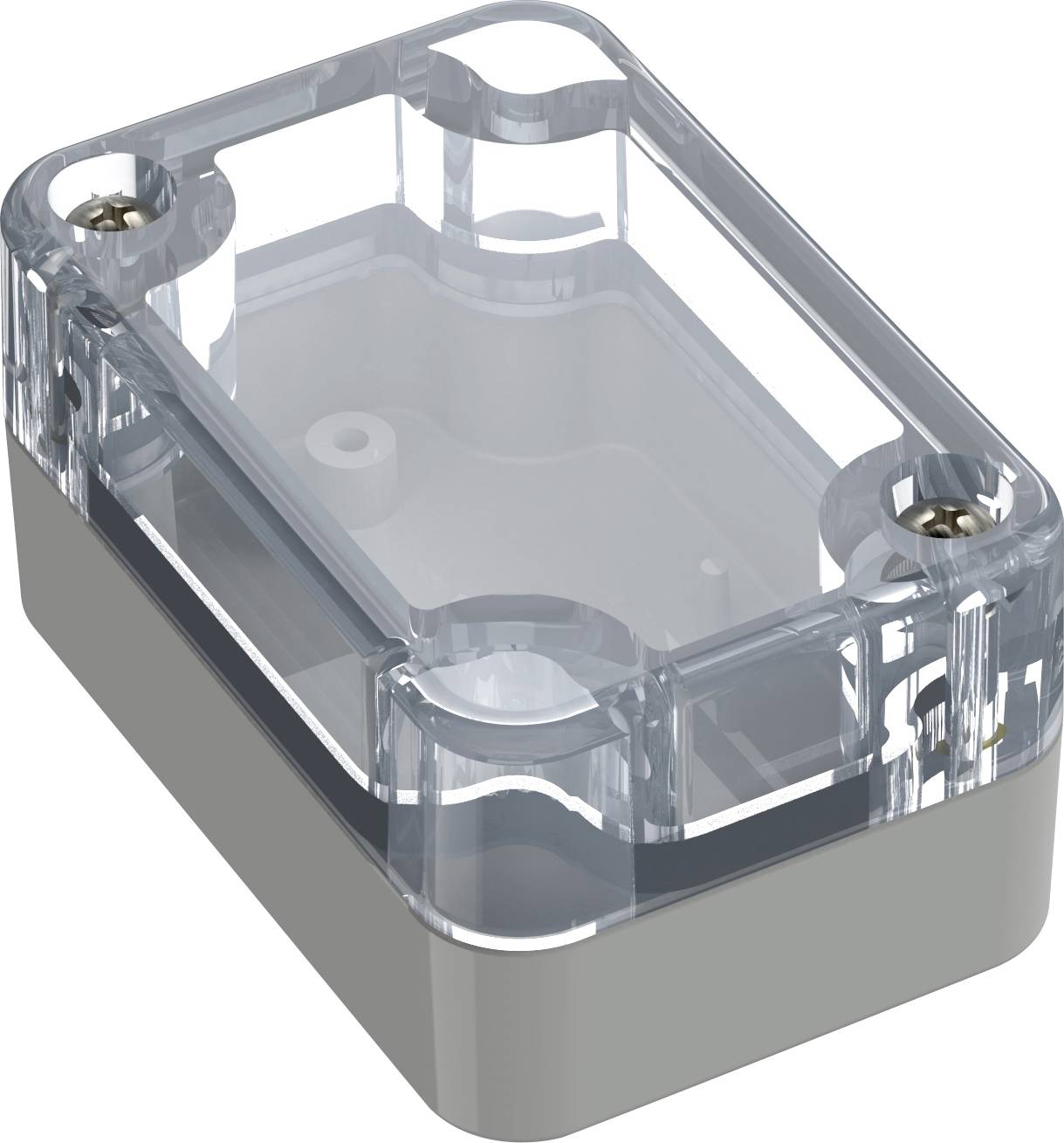 Un boîtier rectangulaire en plastique transparent et gris, avec quatre vis de coin, utilisé pour protéger des composants ou des circuits électroniques.