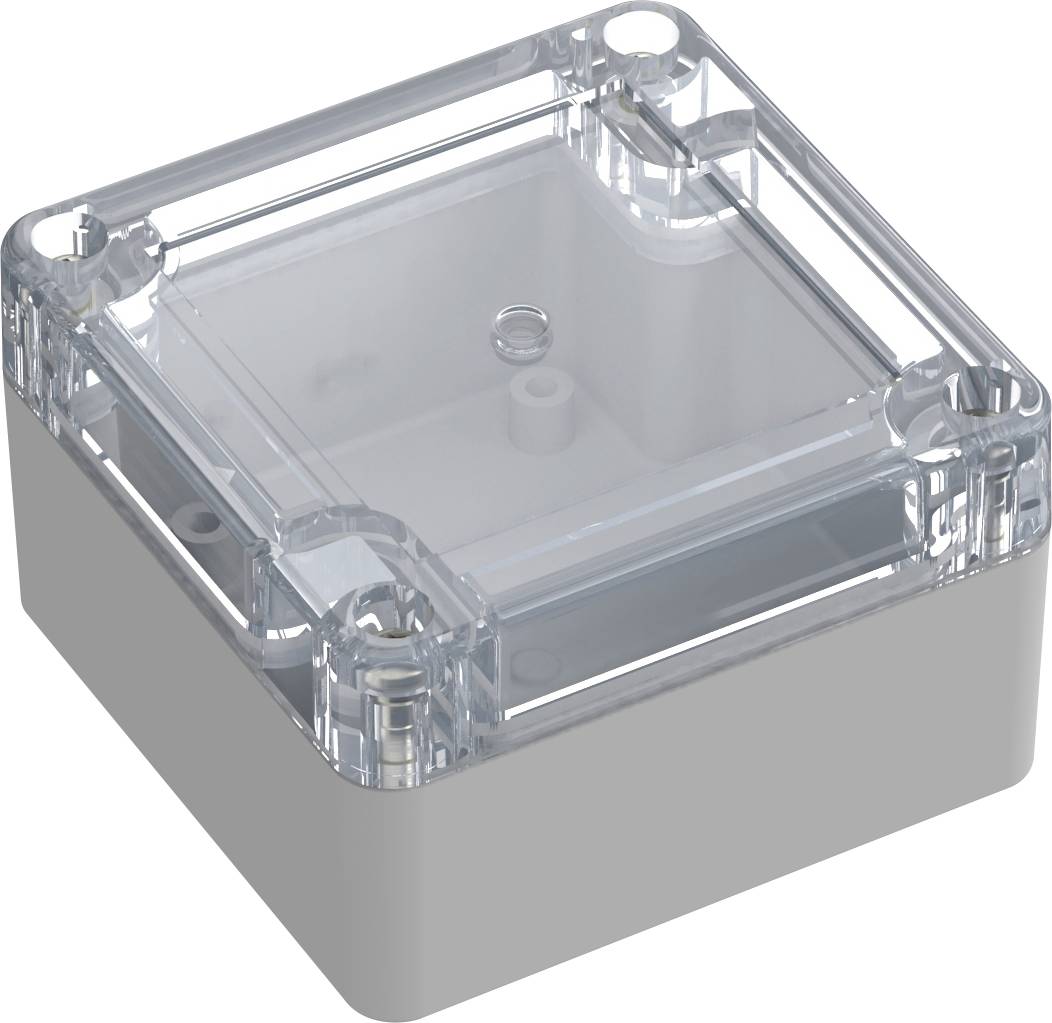 Un couvercle de protection transparent, carré avec des coins arrondis, posé sur une base rectangulaire grise. Adapté pour contenir de petits appareils.