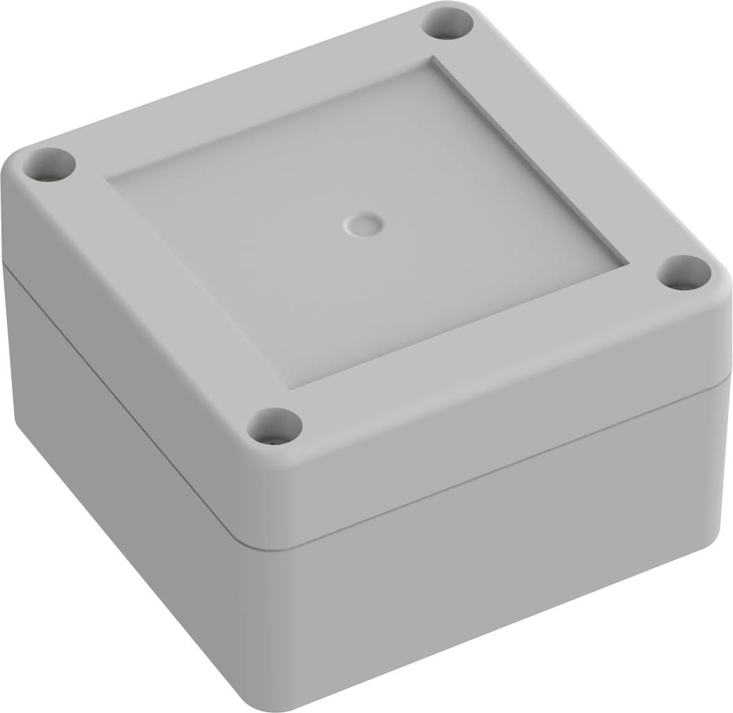 Un boîtier en plastique gris, carré, avec un dessus en rettrait et quatre trous de vis dans les angles, utilisé pour loger de petits composants électroniques.